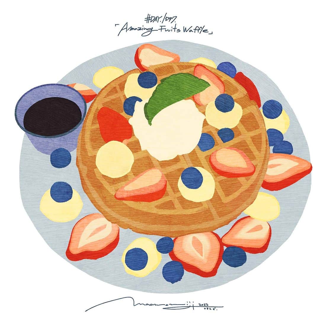 もみじ真魚のインスタグラム：「『#1597/「Amazing Fruits Waffle(1)」』  もみじ真魚/MaoMomiji 2023年8月26日 23:58  "I'm excited about the colorful drawing I'm about to draw" Continuing from the delicious American food series. Fruit waffles this time! This is the best dish I had for breakfast in NY. This time, I will carefully draw over three days. Drawing colorful meals always excites me.  「これから描くカラフルにわくわく」 引き続き、アメリカの美味しいご飯シリーズです。今度はフルーツワッフル！NYの朝ごはんに食べたで至高の一皿です。今回も丁寧に3日間かけて描いていきます。カラフルな食事を描くのは毎回わくわくしますね。  #日刊ごはんが好き #foodie #foodieart #dailyilovefood  #毎日更新 #foodillustration #fooddrawing #もみじ真魚 #maomomiji #飯テロ #美食 #fruit #waffles」