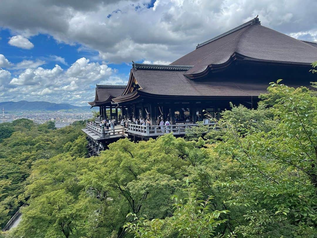 諸岡なほ子のインスタグラム：「2日目最初の場所は清水寺。  旅の前に私がいくつかの場所を候補に挙げた資料を作り、そこから息子に行きたい場所を選んでもらった、そのひとつ。  １枚目の写真のような清水の舞台を見てもらうのがメインだと思っていたのだけど、一番心動かされたのは私も息子も #胎内めぐり   すごかった…。  何度か来てるのに今回初めてお胎内めぐりをさせていただいたのだけど、ほんと、感覚が研ぎ澄まされるというか、笑いが止まらなくなるというか、すごい体験でした。  案内のおじさんに「怖くて泣いちゃわないかな？」なんて言われてちょっと不満げな表情を浮かべた息子でしたが、めぐって出てきた時には「確かにあれは泣く子もいるよね…」と。  境内を歩きながらずーっと息子とそのことばかりきゃっきゃと話していました。  やっぱり観光地も清水寺レベルになると枝葉がすごいですね。懐深い。  #母と息子のふたり旅 #弾丸京都旅 #京都王道コース #清水寺」