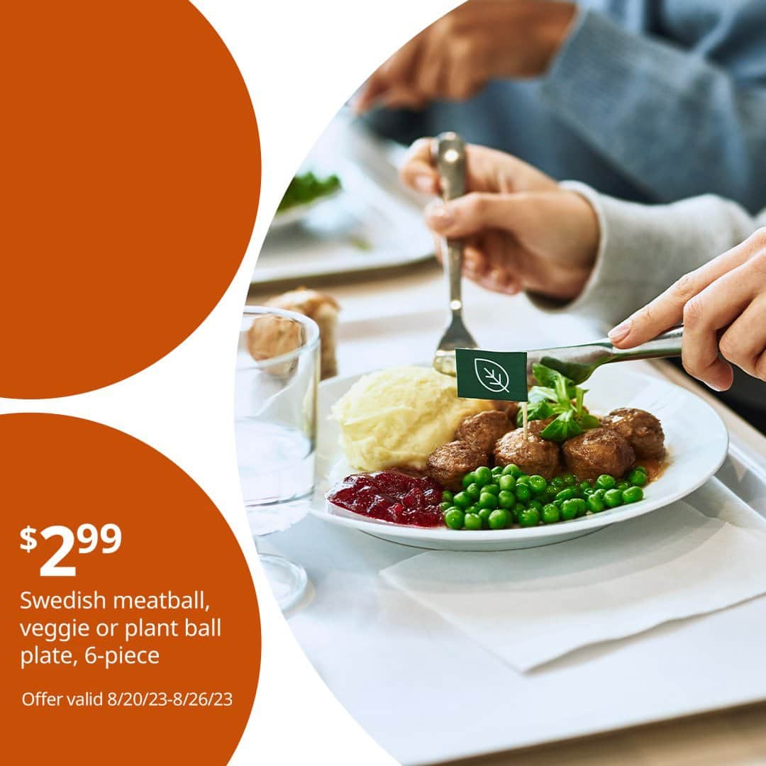 のインスタグラム：「Bring the family and try them all! As part of the IKEA 80th anniversary sale, get a delicious 6-piece Swedish meatball, veggie or plant ball plate for only $2.99 at your local IKEA store. Hurry, offer ends 8/26/23. Learn more at link in bio.」
