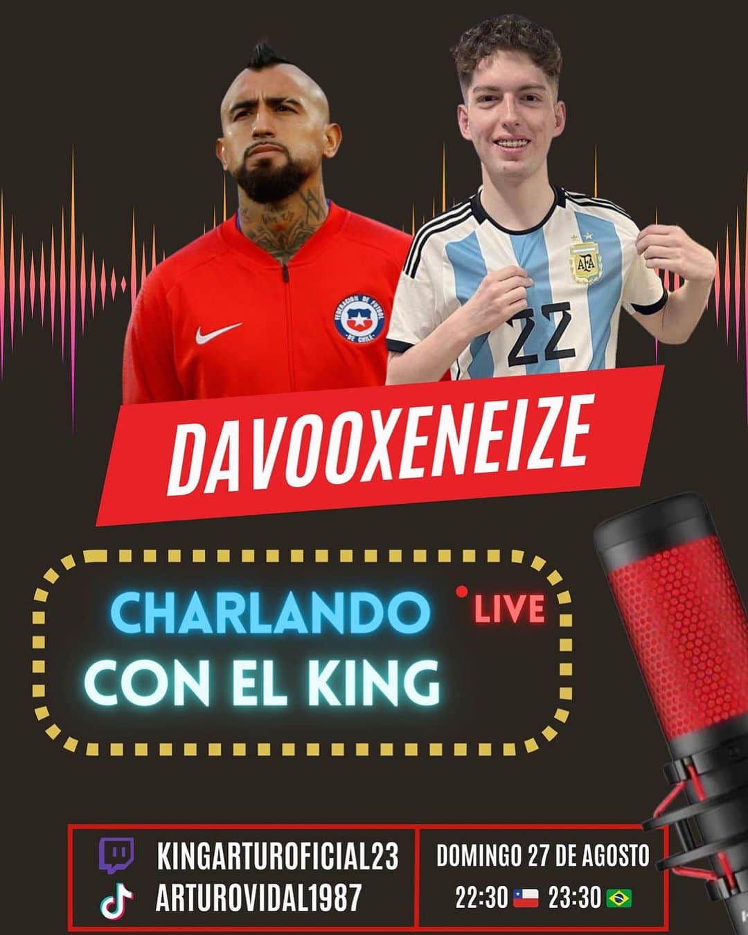 アルトゥーロ・ビダルのインスタグラム：「Este domingo charlando con mi amigo @davoobj 🇦🇷 ✌🏽🙏❤️ En live por mi Twitch y TikTok, los espero bandita del king 🤴🏽😜 22:30 🇨🇱 23:30 🇧🇷」