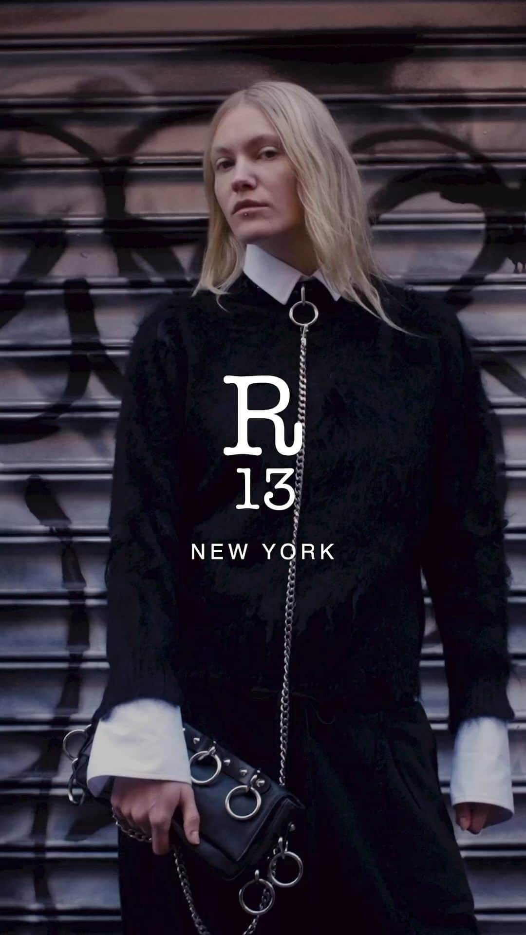 のインスタグラム：「The Vivienne Harness Clutch is one of FW23’s headliners, an immaculate leather handbag adorned with spikes and rings.  Available in store at 34 Howard Street and online at R13.com  #r13 #r13denim #fw23」