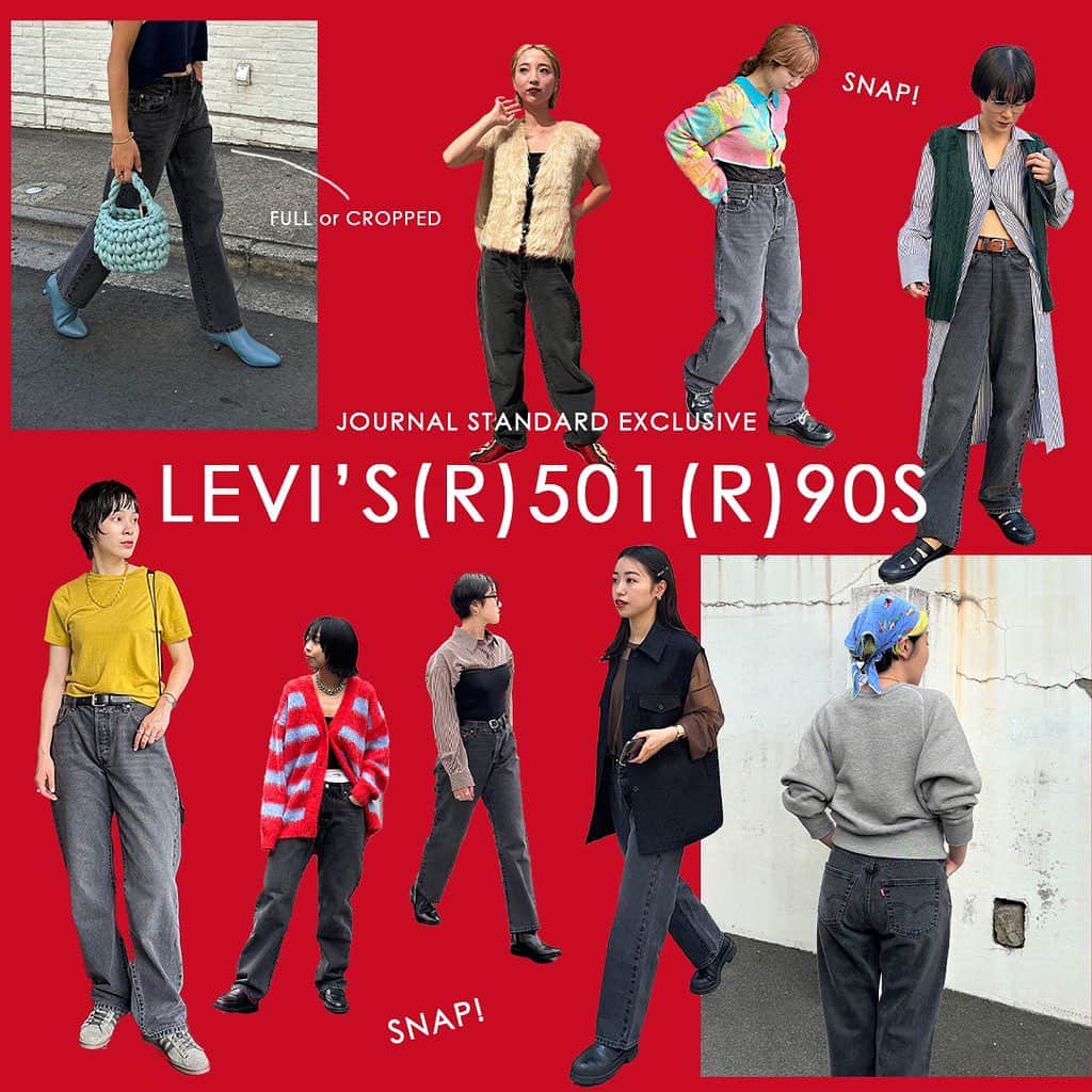のインスタグラム：「本館1階 JOURNAL STANDARD   @jsfukuoka    LEVI'S(R) exclusive model    ここ数シーズンご好評頂いている、LEVI'S(R)別注モデルが今年も登場。   今シーズンは新たに501(R)90'Sをベースにした別注モデル。 従来の501(R)に比べ全体的にゆとりのあるシルエットに。   秋冬のムードにぴったりなブラックデニムをリクエストし、裾やバックポケットにダメージ加工を施しVINTAGEのような風合いが魅力的です。   今シーズンは大き目なウエストサイズをチョイスし、ゆったりとルーズに穿くバランスが一押しです！   ▶別注【LEVI'S(R)/リーバイス(R)】501(R) 90S SMU CROP：クロップドデニム size：24,25,26,27,28,29,30,31 ¥15,400 tax in no.23030410000530   ▶ 別注【LEVI'S(R)/リーバイス(R)】501(R) 90S SMU FULL：フルレングス size：24,25,26,27,28,29,30,31 ¥15,400 tax in no.23030410000630」