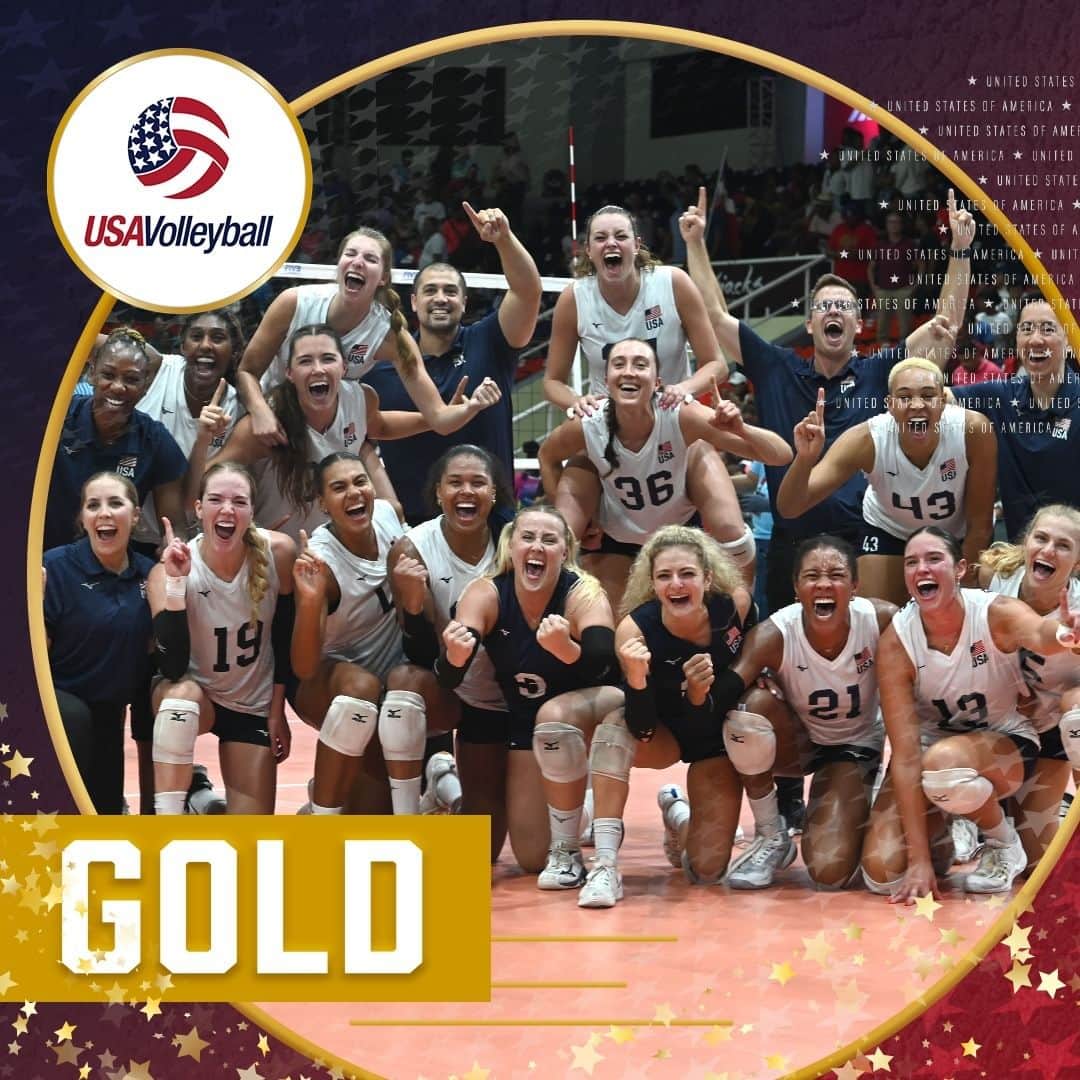 USA Volleyballさんのインスタグラム写真 - (USA VolleyballInstagram)「GOLD MEDALISTS!!  U.S. Women's National Team Strikes Gold at 2023 NORCECA Women's Pan Am Cup Final Six with 3-1 win over host Dominican Republic.  Read about the undefeated gold medalists' championship victory at link in our bio.」8月27日 12時07分 - usavolleyball