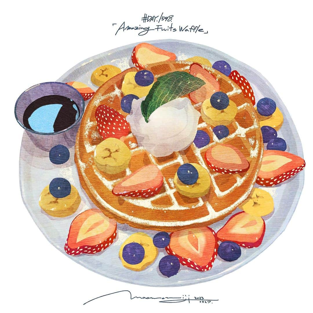 もみじ真魚のインスタグラム：「『#1598/「Amazing Fruits Waffle(2)」』  もみじ真魚/MaoMomiji 2023年8月27日 23:39  “I want you to feel the sky reflected in the maple syrup.” I drew more from yesterday's drawing. Powdered sugar with strawberry seeds, banana seeds with mint veins. I will proceed with the detailed drawing in tomorrow's photoshop work. I'm looking forward to drawing blueberries.  「メープルシロップに反射する空を感じてほしい」 昨日の作画から更に描きこみました。粉砂糖にイチゴの種、バナナの種にミントの葉脈。細かい描きこみは明日のフォトショップ作業で描き進めます。ブルーベリーを描くのが楽しみだなあ。  #日刊ごはんが好き #foodie #foodieart #dailyilovefood  #毎日更新 #foodillustration #fooddrawing #もみじ真魚 #maomomiji #飯テロ #美食 #fruit #waffle」