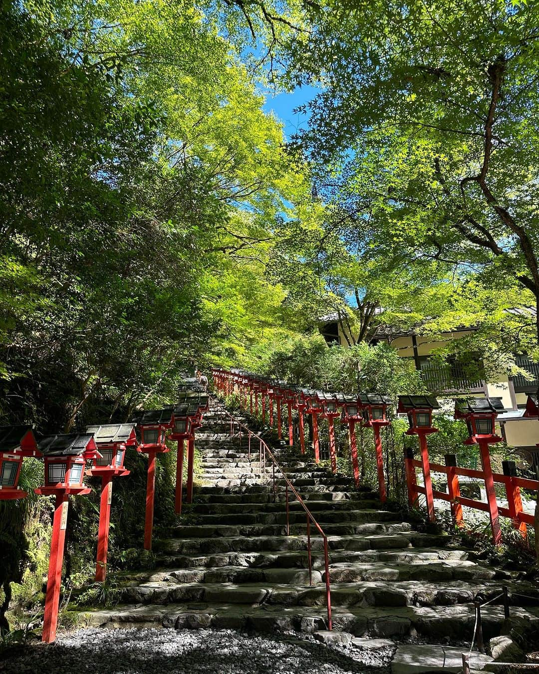 川原由維のインスタグラム：「【貴船神社⛩️】  夏は初めて来たけど、緑🌿🍃と朱の鳥居⛩️のコントラストが最高‼️  京都市内よりは、山だし川の側だし少しだけひんやり涼しく感じた☺︎  奥野宮まで行ったから、若干の山登りで中々の汗はかきましたが笑、川のせせらぎと、深緑とにまた絶対来たい絶好のスポットです🎵  #貴船神社 #京都 #京都旅 #神社巡り #神社仏閣」