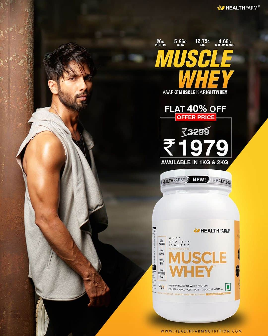 シャーヒド・カプールのインスタグラム：「HealthFarm Muscle Whey Protein - a flawless fusion of Isolate & Concentrate designed to unlock unparalleled results.   Feel the muscle pump with every scoop 💪🏻  HealthFarm Muscle Whey offers: ✅ 26g of protein ✅ No amino spiking additives ✅ Enriched with 12+ essential vitamins  #AapkeMuscleKaRightWhey」