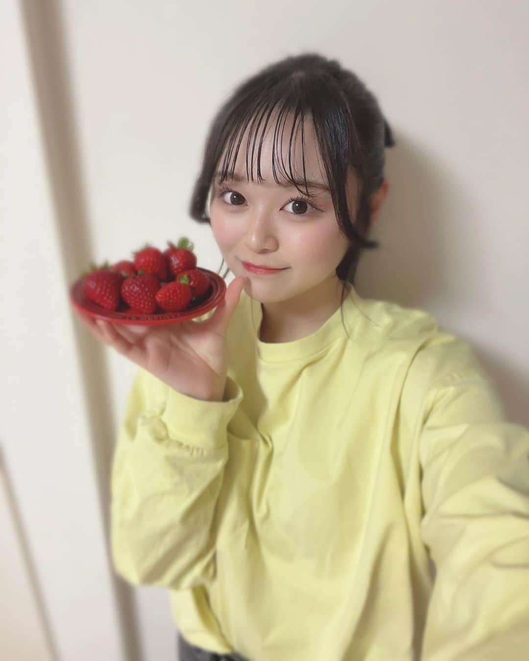 のインスタグラム：「♡♡♡  今日もお疲れ様でしたー！！ 明日も朝早いからがんばるぞ~🍓♡  #吉田恵芽 #05 #ljk  #撮影 いちご #カラートップス #ヘアアレンジ #ポニーテール」