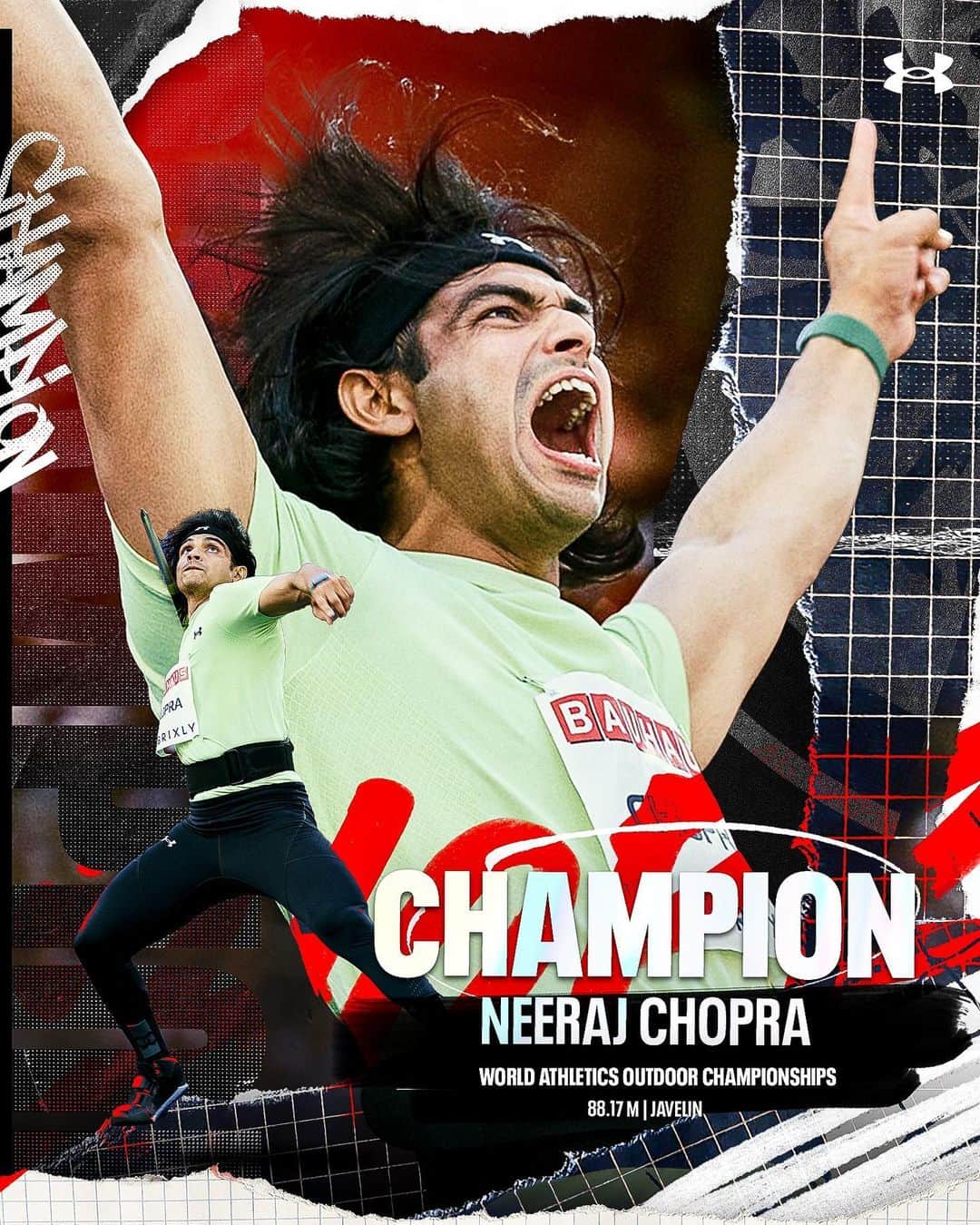 Under Armourのインスタグラム：「‼️ WORLD CHAMPION ‼️ @neeraj____chopra throws his way into the history books by becoming the first Indian to win GOLD at a World Championship🏆 Congratulations Neeraj!」