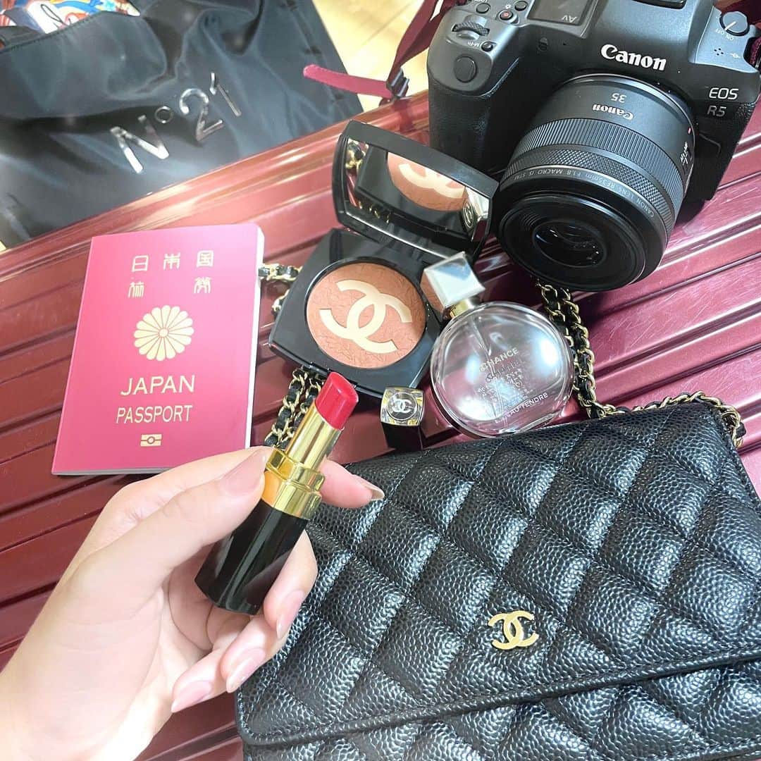 のインスタグラム：「赤リップ持って、これから✈️ 優秀コスメ探しの旅へ！  ２枚目、スーツケースの中これなのよ。めっちゃシュール。必要なものは現地調達、お土産たくさん詰めて帰ります☆ . . . #海外旅行 #旅行 #夏休み旅行 #夏休みの思い出 #海外 #韓国旅行 #スーツケース #canon #canonr5 #chanel #シャネル #チェーンウォレット」