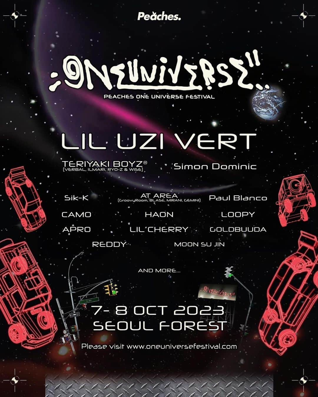 WISEさんのインスタグラム写真 - (WISEInstagram)「🇰🇷🚗🚙🛻💨🙌🙌🙌  'ONE UNIVERSE FESTIVAL 2023' 1st Line-up  자동차 문화와 음악을 연결하는 컬처 페스티벌 'ONE UNIVERSE FESTIVAL 2023'의 첫 번째 라인업을 공개합니다.  We are excited to unveil the first lineup of the "ONE UNIVERSE FESTIVAL 2023," a cultural festival that bridges car culture and music. Check out the explosive artists set to perform.  [1st Line-up] Lil Uzi Vert / TERIYAKI BOYZ® / Simon Dominic / Sik-K / AT AREA (GroovyRoom, BLASÉ, MIRANI, GEMINI) / Paul Blanco / CAMO / HAON / LOOPY / APRO / Lil Cherry / GOLDBUUDA / REDDY / MOON SUJIN and more...  [Event Info] - 지바겐 증정 '피치스 로또' 참여권 제공 - 피치스 x 롯데웰푸드 '피치스 껌' 현장 선착순 제공 - 한정판 OUF 2023 티셔츠 현장 선착순 제공  [Ticket Info] - 얼리버드 예매 시작: 2023.09.01. 오후 2시 - 예매처: 인터파크 티켓 - 티켓 가격 (얼리버드) 1일권: 121,000 원 2일권: 187,000 원  - Early Bird Ticket Open: 2023.09.01. 2:00 PM - Reservation: Interpark Ticket - Ticket Price (Early Bird): 1 Day Pass: 121,000 KRW 2 Days Pass: 187,000 KRW  'ONE UNIVERSE FESTIVAL 2023' 2023/10/07 (Sat) - 2023/10/08 (Sun) SEOUL FOREST www.oneuniversefestival.com  #OUF #OUF2023 #원유니버스페스티벌  ==============  翻訳:  ONE UNIVERSE FESTIVAL 2023' 1st Line-up  自動車文化と音楽をつなぐカルチャーフェスティバル「ONE UNIVERSE FESTIVAL 2023」の初ラインナップを公開します！  私たちは自動車文化と音楽をつなぐ文化フェスティバルである「ONE UNIVERSE FESTIVAL 2023」の最初のラインナップを公開することになり、興奮しています。 パフォーマンスを控えている爆発的なアーティストを確認してください。  [1st Line-up] Lil Uzi Vert / TERIYAKI BOYZ® / Simon Dominic / Sik-K / AT AREA (GroovyRoom, BLASÉ, MIRANI, GEMINI) / Paul Blanco / CAMO / HAON / LOOPY / APRO / Lil Cherry / GOLDBUUDA / REDDY / MOON SUJIN and more...  [イベント情報］ - - ジーバーゲンプレゼント「Peaches LOTTO」参加券を提供します - - Peaches x ロッテウェルフード「Peaches Gum」現地にて先着順で提供します - - 限定版 OUF 2023 Tシャツ 現地にて先着順提供 *詳細は公式SNS/WEBサイトをご確認ください！  [Ticket Info]  - Early Bird Ticket 前売り開始： 2023.09.01. 午後2時 - Reservation: Interpark Ticket  チケット価格 (Early Bird) 1日券: 121,000KRW 2日券: 187,000KRW *詳細は公式SNS/WEBサイトをご確認ください！  ONE UNIVERSE FESTIVAL 2023」開催日程 2023/10/07(土) - 2023/10/08(日) SEOUL FOREST www.oneuniversefestival.com  #OUF #OUF2023 #원유니버스페스티벌」8月28日 17時34分 - wise_official