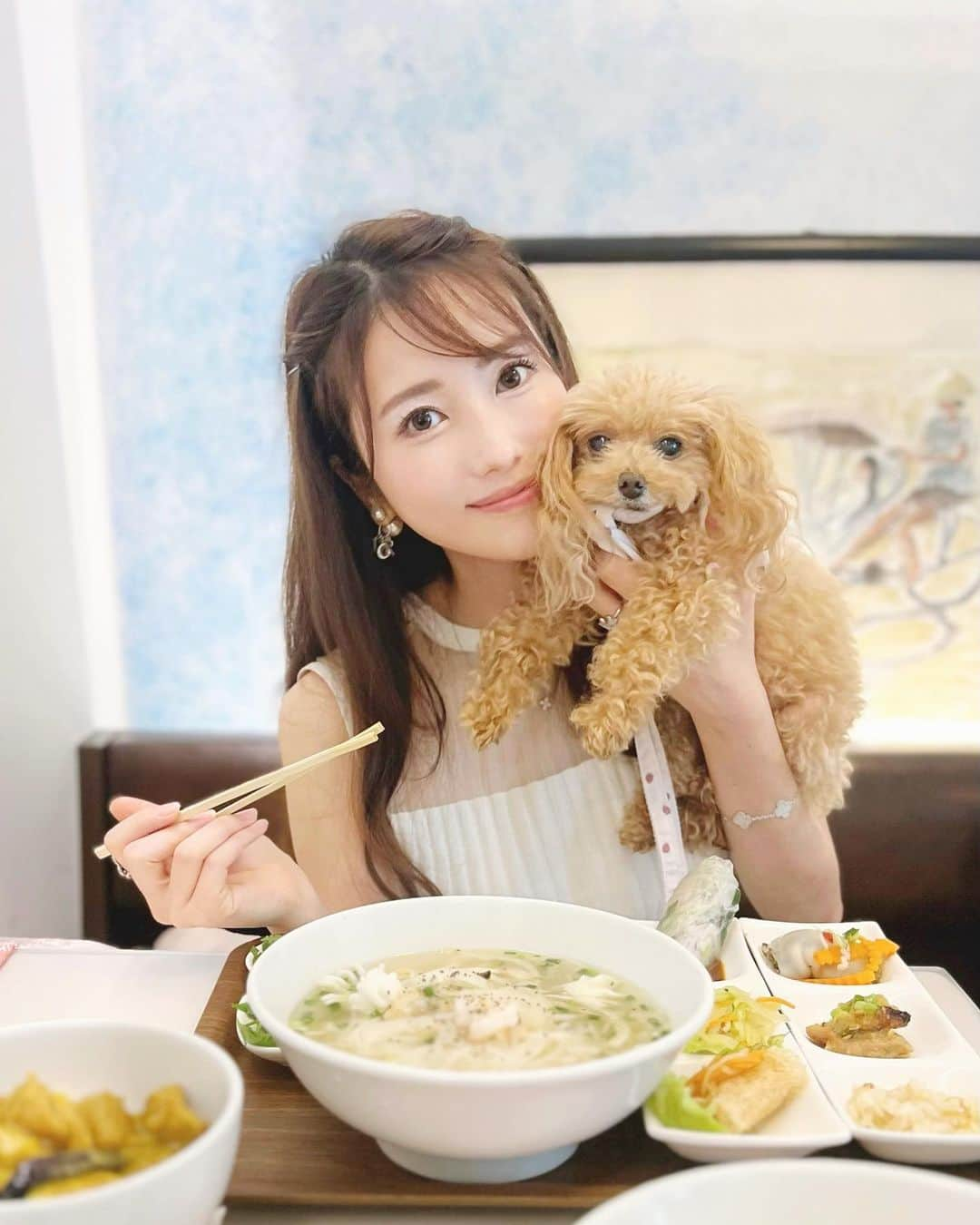 佐倉知里さんのインスタグラム写真 - (佐倉知里Instagram)「ニャーヴェトナム🐾恵比寿 @nha_vietnam   わんちゃん店内OKのベトナム料理屋さん♡ 美味しくてよく行くところ😋 シーフードのフォーが大好き🦐  トッピングが色々あってシーフード追加できたり (もちろんパクチー🌿や卵🥚も) ミニカレーやミニミニカレー！もつけられたり 具大好き！フォーもカレーも食べたい！な人にぴったり💕  この日はお友達と久しぶりのランチだったので 1900円のランチセットにしたよ♡ 色々な種類のおかす沢山食べれてお得だった🫶🏻  ティアラさんはいつも爆睡でいることをたまに忘れます。 今度夜いってみたい🍲🍻                 #わんこok#わんこokのお店#犬同伴可#犬同伴で美味しい料理#わんこ同伴可#犬同伴ok#わんこok東京 #ニャーベトナム#ベトナム料理#シーフードフォー」8月28日 17時50分 - chisa_tiara