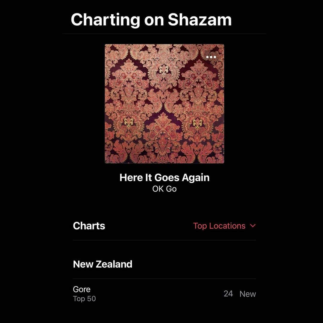 ダミアン･クーラッシュのインスタグラム：「I hope my ignorance won’t offend the good people of Gore, New Zealand, but I had no idea that there was a town called Gore in New Zealand until I got this notice that “Here It Goes Again” is #24 on Gore’s (presumably extremely competitive) Shazam Chart.  Does anyone know why so many of Gore’s citizens simultaneously tried to figure out the provenance of our nearly 20 year old song? Did something big happen in Gore today?」