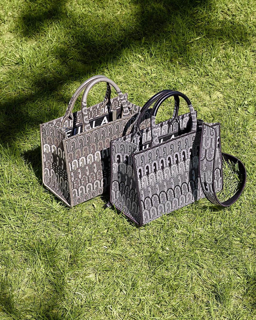 フルラのインスタグラム：「All-over jacquard monogram pattern, ranging from ℬ𝓁𝓊 𝒹𝑒𝓁 𝒸𝒾𝑒𝓁𝑜 to 𝒢𝓇𝒾𝑔𝒾 𝒹𝑒𝓁𝓁𝒶 𝓉𝑒𝓇𝓇𝒶.  #ItalybyFurla #FurlaFW23  Photographer & Film Director: Paolo Zambaldi (@paolozambaldi) Art Direction and graphic design by Roberto Da Pozzo (@roberto_da_pozzo)」