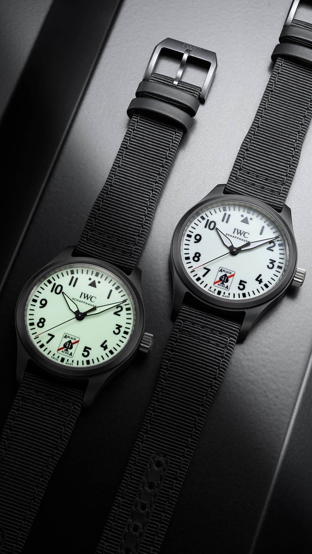 IWCのインスタグラム：「Unrivalled visibility at night and a real eye-catcher by day: the Pilot’s Watch Automatic 41 Black Aces is the first timepiece with a fully luminescent white dial. Consisting of a solid disc with Super-LumiNova® pigments, the dial has emitted a bright green light for more than 23 hours in dark chamber tests.  ℹ White dial Ceramic case 41mm IWC-manufactured 32100 Calibre Ref. IW326905」