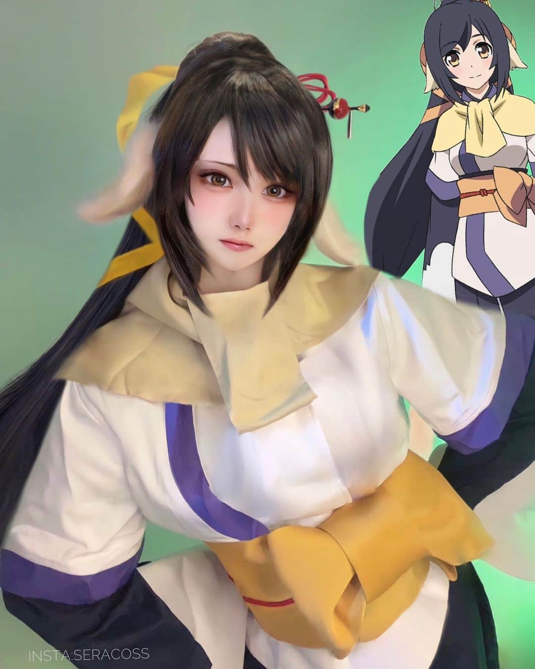 せら☆こすのインスタグラム：「my cosplay #utawarerumonoitsuwarinokamen  #kuon リクエストをもらって、アニメをまず見て、色々キャラのどの部分をコスプレしようかなって考えてました🌸 2ヶ月前くらいにリクエストをもらってたのにかなり時間がかかってしまったんですけどようやくできました🌸🌸 クオンの美味しいもの食べてるシーンも個人的に好きだったんですけど、ちょっと怒ってる顔がリクエストだったんで、それを再現してみました💓 💜アニメ"うたわれるもの" クオン💜  このオーダーメイドで作ってもらった衣装だったんですけど、帯などがまったくデザインが違ったので、私が使ってた浴衣の帯を巻いてコスプレした😖なんとかカバーできたと思います！😂💜かんざしも私物です  Thank you for requesting this character And thank you for providing the clothes. →  Gary san😃🌸　 . . . . . . . . . . . #utawarerumonoitsuwarinokamen  #utawarerumono #animegirl #animecosplay #animelover #animeedits #animelife #animecosplay #animemanga #うたわれるもの #クオン #うたわれるもの偽りの仮面 #kawaiicosplay」