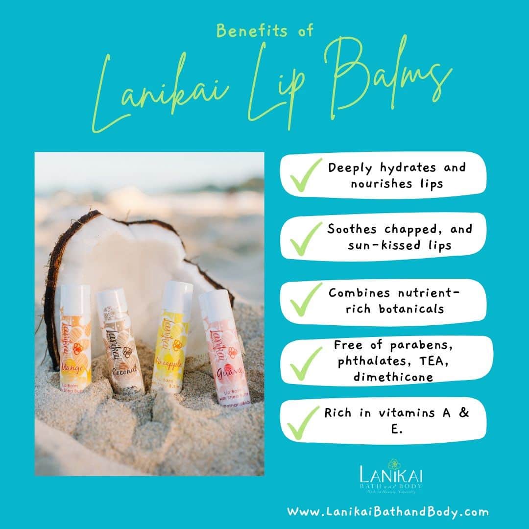 Lanikai Bath and Bodyのインスタグラム：「Nourish your lips the natural way! Our Natural Lip Balms are blended with organic ingredients like beeswax, coconut oil and shea butter to keep your lips soft and moisturized.  Tropical scents of 🥥 Coconut, 🍍 Pineapple, 🥭 Mango, and 🍑 Guava transport you to the shores of Lanikai Beach.   🌿 Organic & Natural Ingredients 🐰 Cruelty-free  #LanikaiLips #NaturalLipCare #TropicalTreat #AlohaKiss #lanikaibathandbody」