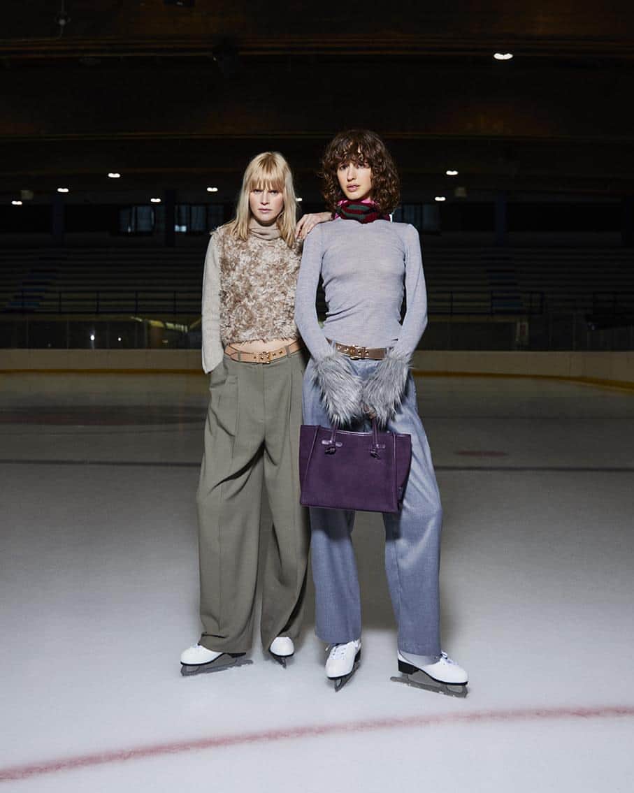 ジャンニキアリーニのインスタグラム：「Marcella on Ice  Two friends that share their passion for ice skating are portrayed during a day out spent at the rink. An enveloping and soft suede, bordered by tone-on-tone stitching, with a chic allure: here is the new Marcella Suede.  #giannichiarini #gc #ジャンニキアリーニ #FW23 #MarcellaClub」