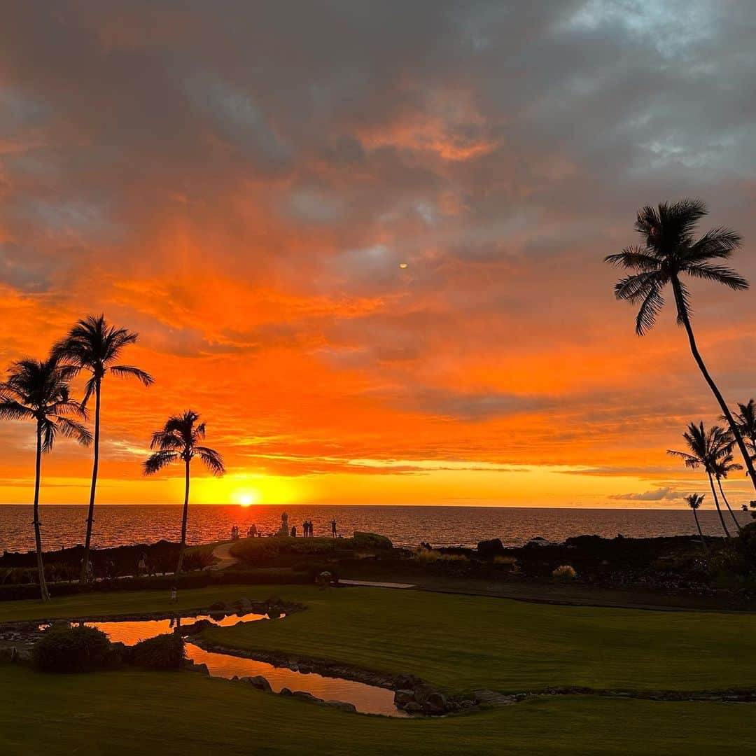 市原彩花さんのインスタグラム写真 - (市原彩花Instagram)「Hilton Waikoloa Village🌋 📍Big island, Hawaii  溶岩の島、ハワイ島🌋 ワイキキがあるオアフ島から飛行機で50分✈️ 今回はHGVCのポイントでヒルトンワイコロアビレッジのオーシャンタワーに宿泊🏝️ とーーーっても広い敷地の中にはホテルもプールもたくさん、イルカも飼ってるし亀も遊びに来たり😂 移動も電車や船😂ゴルフ場も⛳️  一番景色良い部屋にしたら、部屋からサンセットがバッチリ🥹 キッチンと洗濯機もあるからスーパーで買った食材調理したりして家のように過ごしたよ🍳  空も海も、山も固まった溶岩も壮大で地球のパワーを感じれる島🏝️ 次は火山ハイキングとか山頂で星空観察したいな🥳  日本の免許証でレンタカー借りれるし、道もゆったりしてるから運転もしやすいよ🚗  〜HGVC会員向け情報〜 敷地内にスーパーもあるけど高め。車で15分くらいの所にKTAスーパーがあるよ🚗 オーシャンタワーじゃなくキングスランドに泊まると、海からは離れるけど部屋にBBQピット付いてたり、ゴルフの割引率も上がり、駐車場も無料みたい！(そこ以外は1泊$48の駐車料金) レンタカー借りてゴルフする方にオススメ😙 サップヨガとか無料のアクティビティもたくさんあったよ🧘‍♀️  #hawaii#hawaiilife#hawaiitrip#hawaiitravel#ハワイ#ハワイ旅行#ハワイ観光#ハワイ島#bigisland水着#ビキニ#bikini#swimsuit#bajurenang#japanesegirl#bikinigirl#bikinimodel#hiltonwaikoloavillage#ヒルトンワイコロアビレッジ#ワイコロア#リゾートホテル#ハワイホテル #あーちゃんハワイ」8月28日 20時54分 - ayaka_ichihara