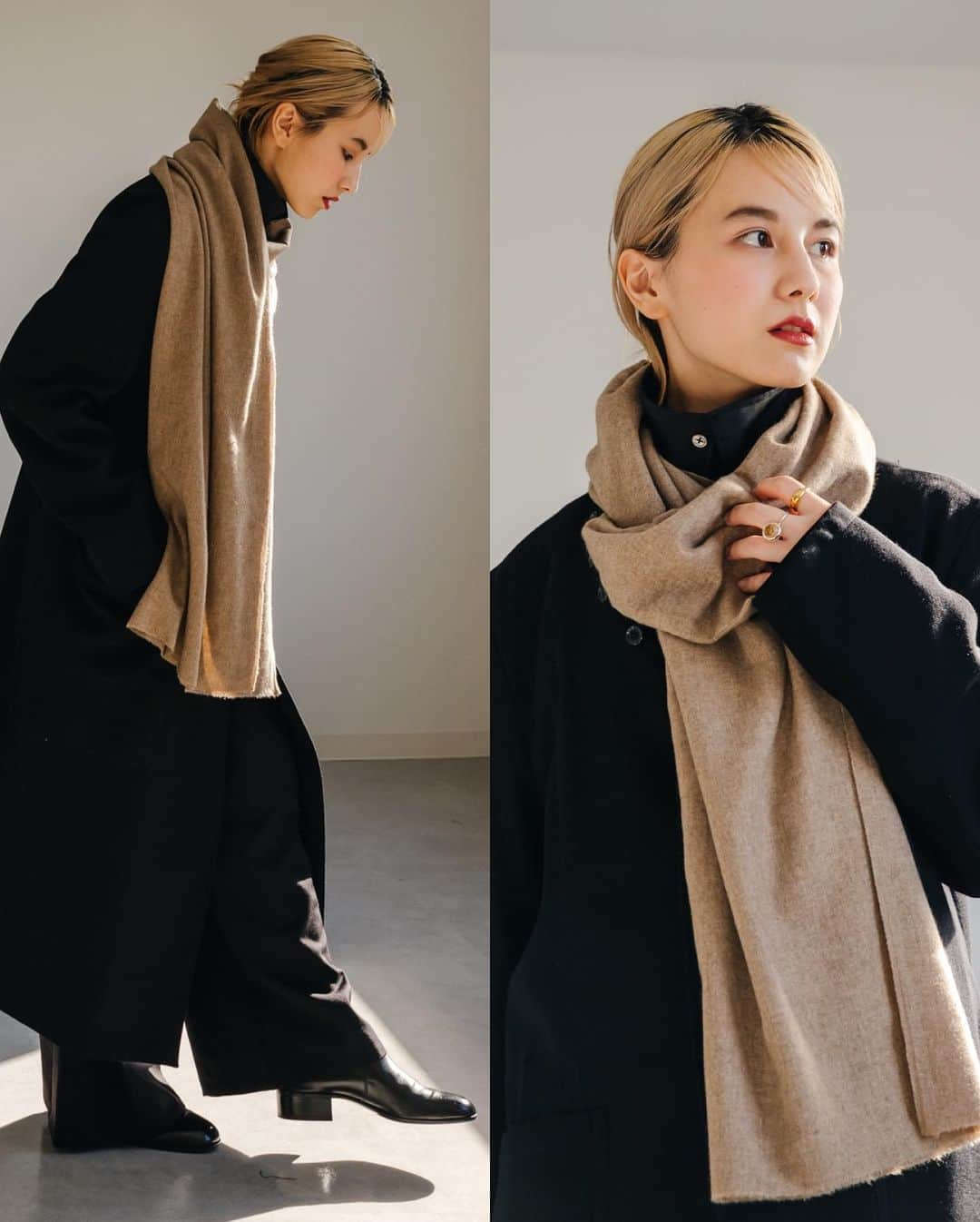 ノアファーさんのインスタグラム写真 - (ノアファーInstagram)「23AW Detachable cashmere stole coat ボタンで取り外し可能なカシミヤストールの付いたウールギャバジンノーカラーコート。春秋の暖かい時期はノーカラーコートとして着用し、寒くなってきたらストールを取り付けて着用する2wayデザインなので、春秋冬と長いシーズン活躍してくれる1着。 巻き方も様々なアレンジが可能なので、自分だけの巻き方を見つけて楽しんで欲しい。 ブラック×ブラックでは無く、ブラック×ベージュにしたのが今シーズンらしくもあり上質な雰囲気が漂う。  #noirfr #23aw」8月28日 21時30分 - noirfr