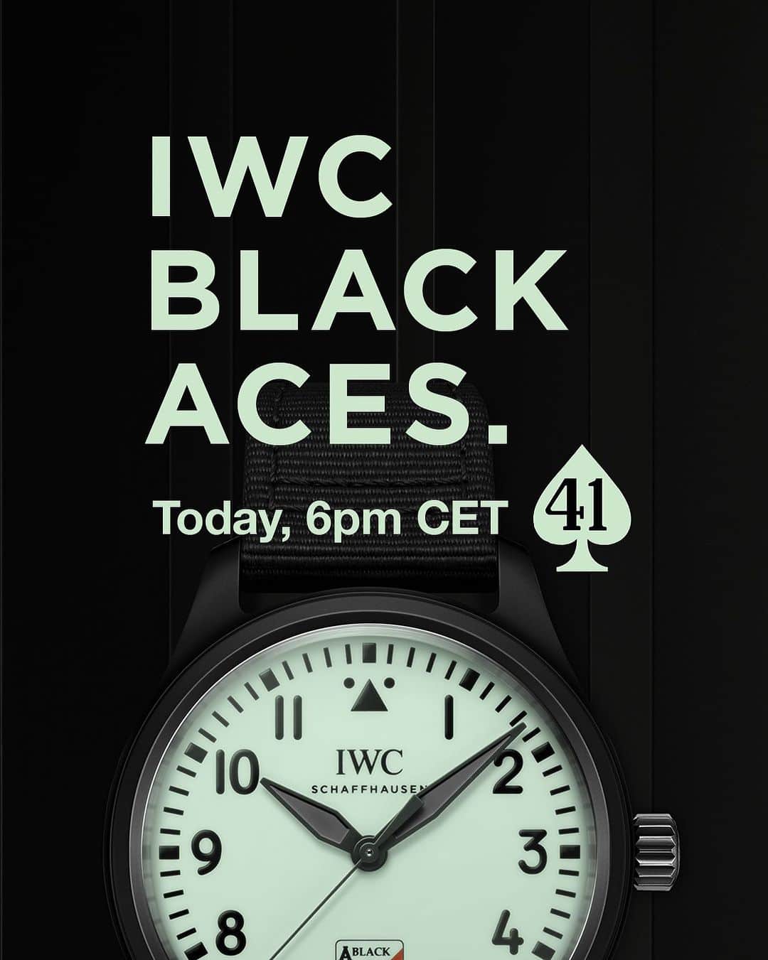 IWCのインスタグラム：「The Pilot’s Watch Automatic 41 Black Aces, developed in collaboration with “Black Aces” pilots. This 41mm Pilot has 72 hours of power reserve and a unique Super-LumiNova® white dial.   Join IWC CEO Chris Grainger-Herr and IWC Chief Design Officer Christian Knoop at 18:00 CET via the link in bio to discover more stunning facts about this masterpiece of functional engineering.  #IWCpilot | #IWCwatches」