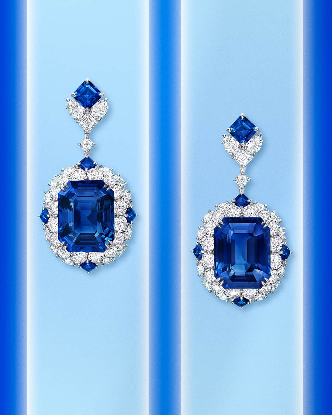 ハリー・ウィンストンのインスタグラム：「With incredible 39.83 carat sapphire center stones, this pair of high jewelry Sapphire and Diamond Earrings is a brilliant duo in blue. Dazzle in summer’s most coveted color—link in bio. #WinstonHighJewelry #HarryWinston」