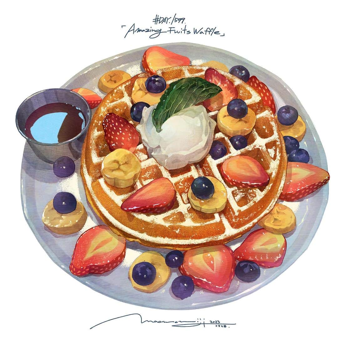 もみじ真魚さんのインスタグラム写真 - (もみじ真魚Instagram)「『#1599/「Amazing Fruits Waffle(3)」』  もみじ真魚/MaoMomiji 2023年8月28日 23:48  "Each grain of powdered sugar" It's the third day of drawing. I wanted to finish it today, but after all there are a lot of ingredients and the texture of the waffle is difficult. But it's fun! I will spend the whole day drawing tomorrow as well. looking forward to.  「粉砂糖の一粒一粒まで」 描きこみ三日目です。今日で仕上げたかったのですが、やはり素材が多いのと、ワッフルのテクスチャーが大変。でもそれが楽しい！明日も一日かけて描きこみしていこうと思います。お楽しみに  #日刊ごはんが好き #foodie #foodieart #dailyilovefood  #毎日更新 #foodillustration #fooddrawing #もみじ真魚 #maomomiji #飯テロ #美食 #waffle #fruit」8月28日 23時54分 - maomomiji