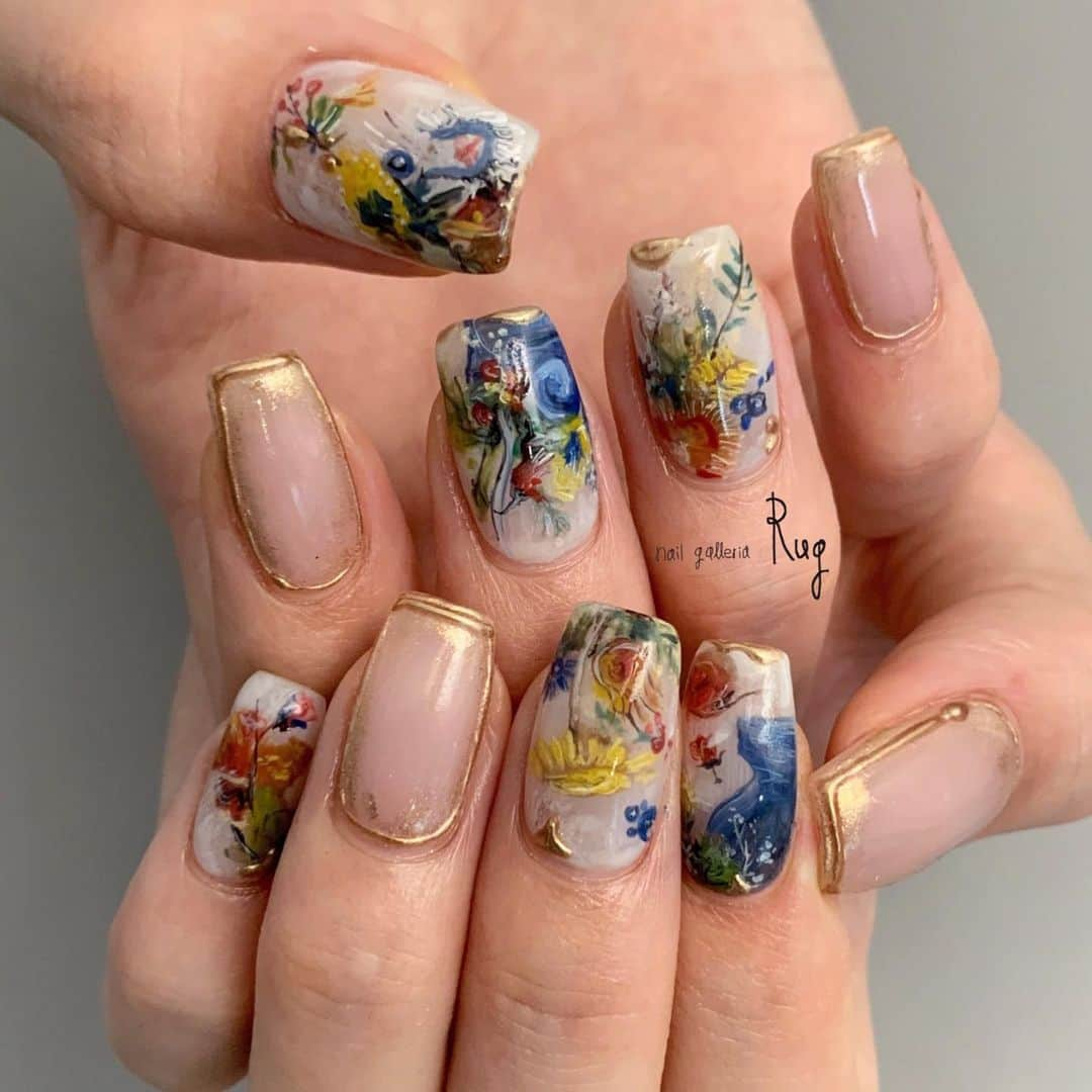 aoki_nailさんのインスタグラム写真 - (aoki_nailInstagram)「・ ルドン/グランブーケ　 ・  画像から切り取ってデザイン。 どこを滲ませて はっきりさせたいか 同じ絵の中でも意識して  異動で関東になってからも どうにかしてきてくださる🥹 いつもありがとうございます💫  nailgalleria  Rug〈ラグ〉 大阪市北区中崎西2-6-3  #絵画ネイル#絵画ネイル大阪#アートネイル#大阪ネイルサロン#aokinailvintage  #手描きアート#手描きデザイン#手描きネイル#アートネイル#オディロンルドン #ルドン展 #OdilonRedon #handpaint#paintart#nailistagram#kawaii#japanesenailart#japanesenail#instanail#nails#絵#イラストネイル#絵画ネイル#絵画ネイル大阪#Redon#グランブーケ」8月29日 0時03分 - aoki_nail