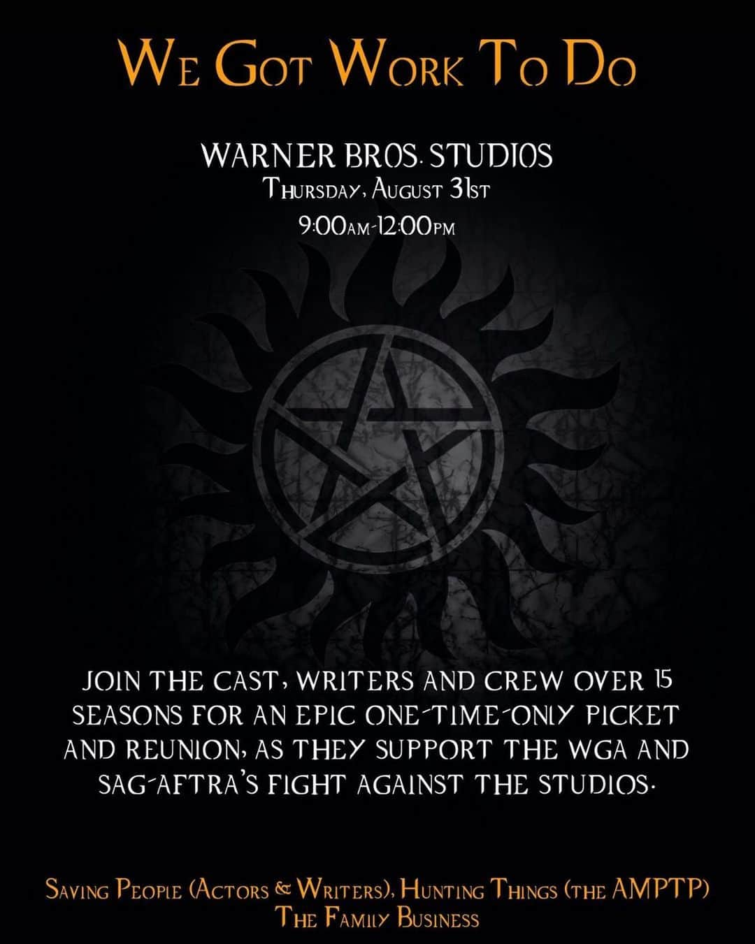 ミーシャ・コリンズのインスタグラム：「Hey, Assbutts! We got work to do… Join me, fearless leader Eric Kripke, and the cast, writers, and crew of the paranormal-show-that-must-not-be-named for a #(Redacted)Family reunion on the picket lines!」