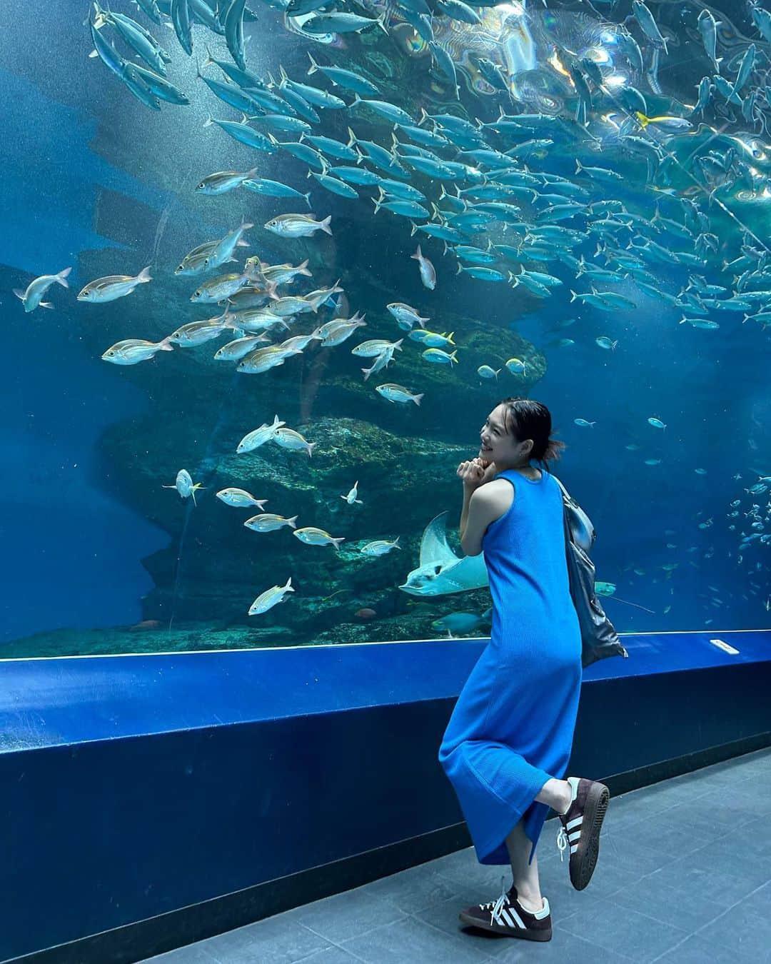 江崎ななほのインスタグラム：「水族館きてウキウキの私と、大好きなイルカと、眠いのに寝るポジきまらないアシカと、笑いすぎな私と、エイみてたらちびっこボーイと親子みたいになっちゃったショット」