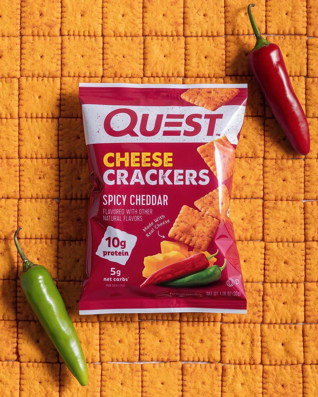 questnutritionのインスタグラム：「DOUBLE TAP to welcome the Quest™ Spicy Cheddar Cheese Crackers! 💪🔥🧀🍘 These savory, delicious, & athlete-worthy protein cheese crackers are bursting with real cheese flavor + that spicy kick you crave - 10g protein & 5g net carbs per bag. 😋🥵  AVAILABLE NOW online & in stores at QuestNutrition.com, @Amazon, @VitaminShoppe, @Wegmans (Northeast, Mid-Atlantic), & your local health/nutrition stores nationwide. #OnaQuest #QuestCheeseCrackers #QuestNutrition #CheeseCrackers」