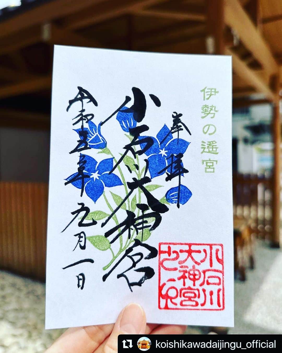津久井智子のインスタグラム：「#Repost @koishikawadaijingu_official with @use.repost ・・・ 🌿 小石川大神宮です。 9月1日(金)から頒布の御朱印のご案内です。  秋の七草の一つ、桔梗です。  清々しい青紫のかわいい星形の桔梗を消しゴムハンコ 作家の津久井智子さんに彫っていただきました。  「桔梗」のつくりが「更に吉」と書くことから、 縁起の良い花といわれています。  朝晩少しずつ秋めいてまいりましたね。 皆さまのご参拝を心よりお待ちしております😌」