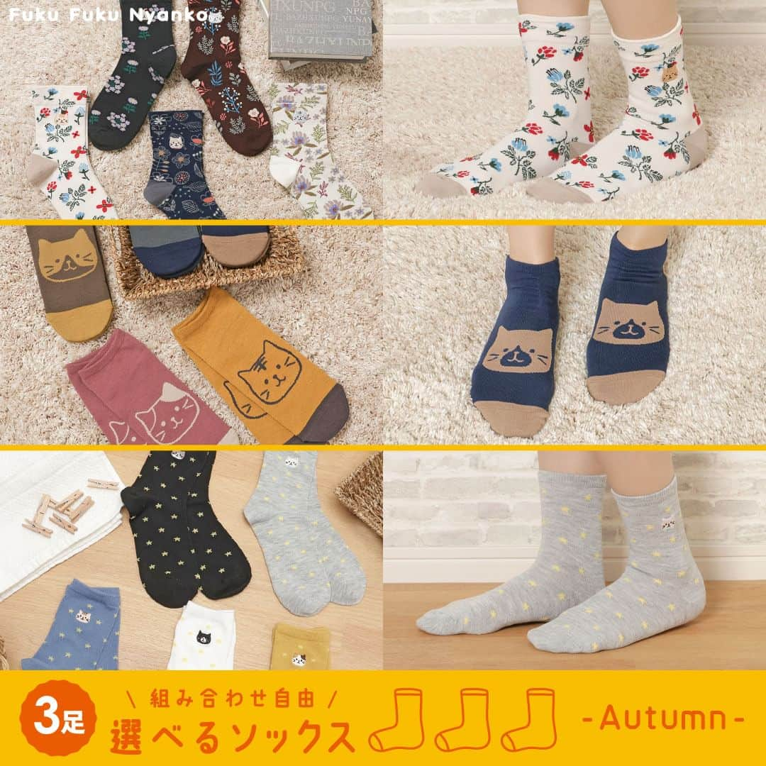 HAPiNSさんのインスタグラム写真 - (HAPiNSInstagram)「. 🍂 秋物ソックス入荷 🍂  「ふくふくにゃんこ」の 新作ソックスが登場しました！  各柄スニーカー丈・クルー丈を ご用意しているので、 服や靴に合わせてお選びいただけます🧦  ┈┈┈┈┈┈┈┈┈┈┈┈┈┈┈┈┈┈  ■Fuku Fuku Nyanko ・花柄スニーカー/ロークルーソックス ・シンプルスニーカー/クルーソックス ・星柄スニーカー/クルーソックス  1足￥418(税込) 3足￥1,100(税込)  対象のソックスを 自由に組み合わせてご購入できます。  ┈┈┈┈┈┈┈┈┈┈┈┈┈┈┈┈┈┈  #HAPiNS #ハピンズ #雑貨 #プチギフト #ふくふくにゃんこ #fukufukunyanko #猫 #ネコ #ねこ #猫グッズ #父の日ギフト #父の日プレゼント #猫靴下 #ソックス #靴下  ※店舗によりお取り扱いが無い場合がございます。 　ご了承くださいませ。」8月29日 19時00分 - hapins_official