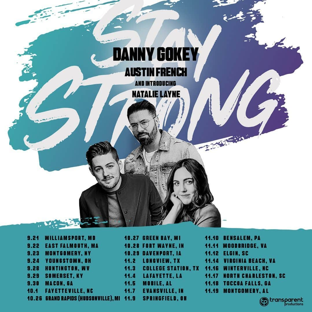 ダニー・ゴーキーのインスタグラム：「So excited to be hitting up these 26 stops on the Stay Strong Tour this Fall 🙌🙌🙌 If we’re coming to your city, tell us what we need to see 👀 who has the best coffee ☕️ and where we need to eat 🍔 … can’t wait to take it all in, and sing with all of you! 🎉  #StayStrong #StayStrongTour #FallTour #ChristianTour #TourAnnouncement #ChristianMusic #Christian #Worship #RoadLife #TourLife #DannyGokey #AustinFrench #NatalieLayne」