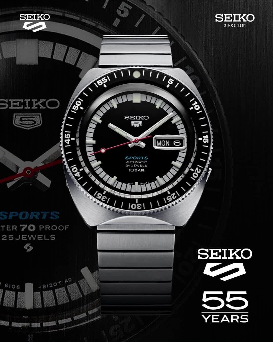 Seiko Watchesのインスタグラム：「#ShowYourStyle in this Seiko 5 Sports 1968 "61-5D" recreation! This elite timepiece crisply displays a black dial with the original Seiko 5 logo and the word "SPORTS" at 6 o'clock. Keep your look classic and keep your timepiece Seiko. ⚫  #SRPK17 #Seiko #Seiko5Sports」