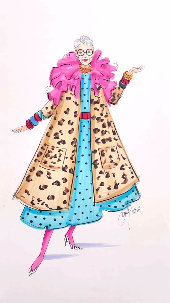 Holly Nicholsのインスタグラム：「Happy birthday to the incomparable @iris.apfel 💕 #irisapfel #fashionillustration #asmr #copic #illustration #oddlysatisfying」