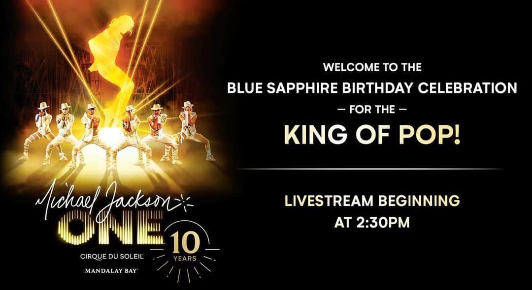 マイケル・ジャクソンのインスタグラム：「Tune in now for the livestream of the Michael Jackson ONE #MJBlueSapphire Celebration of The King of Pop's Birthday. Link in story.」