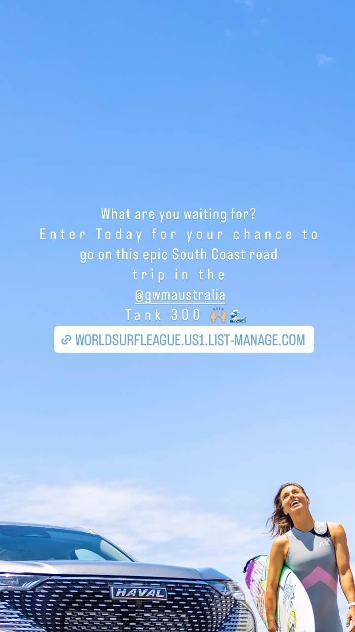 サリー・フィッツギボンズのインスタグラム：「Don’t want to miss this chance to discover the picturesque South Coast 🙌🏼 @gwmaustralia have put together your road trip itinerary and have the all New Tank 300 ready to hit the road… all you have to do is enter! #GoWithMore  @wsl  ————- Hit the link in my story to enter🤞🏼」