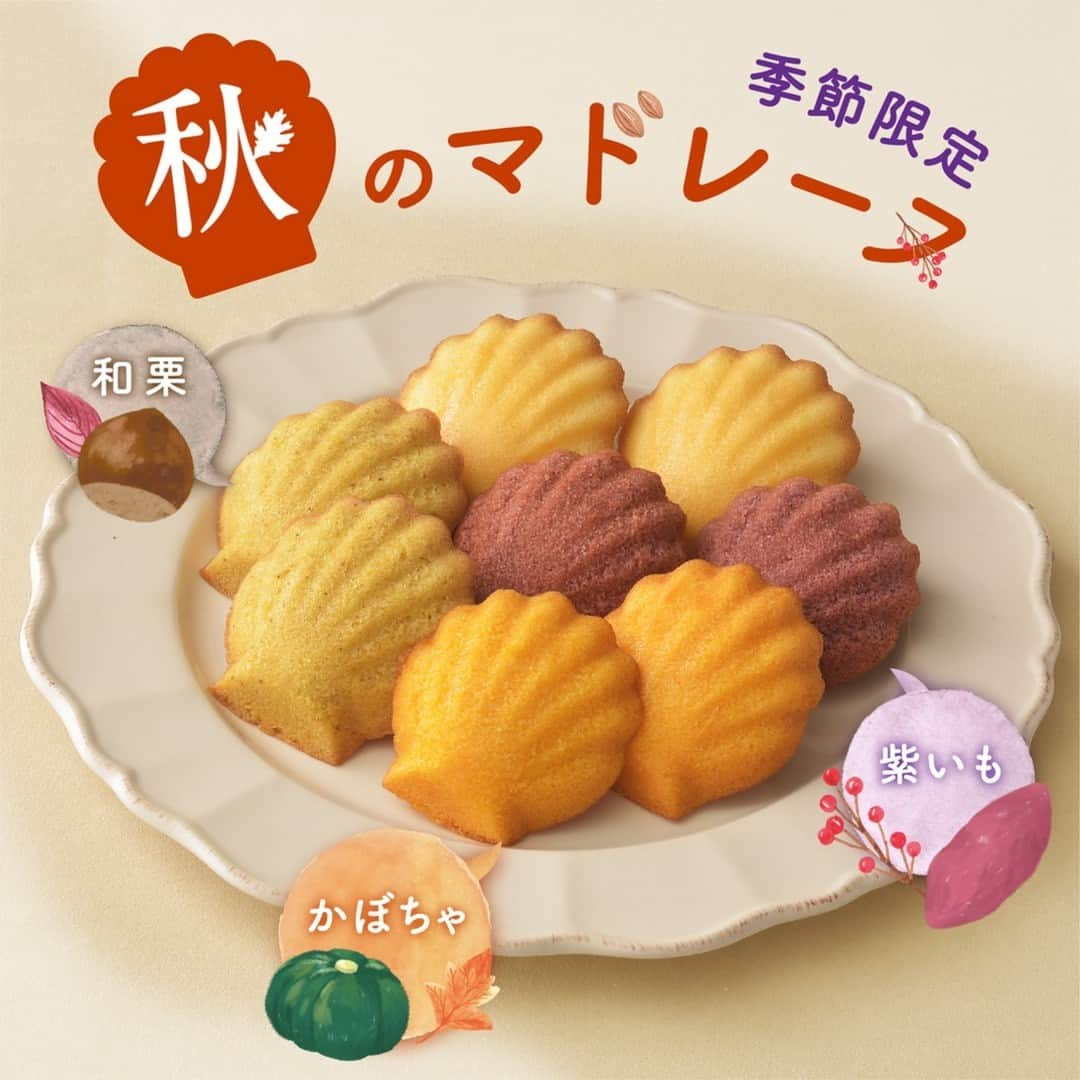 銀座コージーコーナーのインスタグラム：「☾#秋のマドレーヌ 🍠🌰🎃☽  あなたが好きな秋の味覚を教えてください👂  ふんわりとした軽い口どけとしっとり香ばしい味わいの マドレーヌに、秋の人気食材“いも・くり・かぼちゃ”が登場🌟  どの味が食べたいか🍠、🌰、🎃をコメントして教えてくださいね✨  🍠紫いもマドレーヌ 九州産紫いものふくよかな甘みが絶妙🍂  🎃かぼちゃマドレーヌ 北海道産かぼちゃの濃厚な甘みとコクを感じられます♪  🌰和栗マドレーヌ 国産和栗の上品な甘みとバターの香りがベストマッチ✨   秋限定フレーバーのマドレーヌギフトで、大切な人へ秋の味覚を届けませんか？ 手土産などにも、ぜひご利用ください！☕𓈒𓂂𓏸  #今日のコージーコーナー を付けて、ティータイムの様子を教えてくださいね☕ 商品や店舗の詳細はプロフィールのURLから→ @ginzacozycorner  #dessert #スイーツ #おうちカフェ #期間限定 #スイーツ好きな人と繋がりたい #お家カフェ #手土産 #おうちスイーツ #スイーツ大好き #ご褒美スイーツ #コージー #おうち時間 #ご褒美タイム #コージーコーナー #ginzacozycorner #今日のコージーコーナー #季節限定スイーツ #焼き菓子大好き #秋のマドレーヌ #手土産スイーツ #焼菓子ギフト #秋のマドレーヌ」