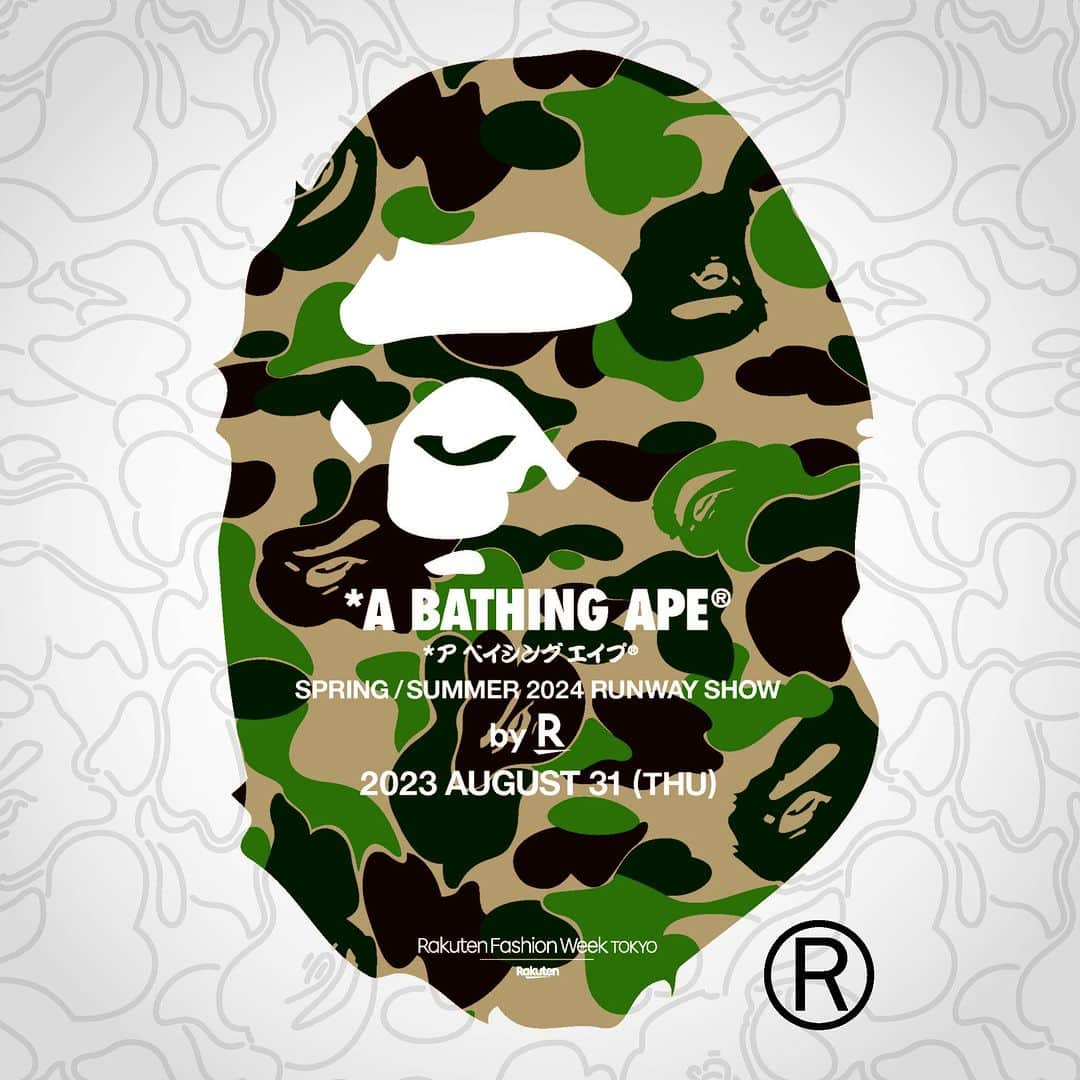 のインスタグラム：「【「A BATHING APE®」のランウェイショーを8/31(木)19:00からライブ配信】  今年で30年の節目を迎えた「A BATHING APE®」が、「Rakuten Fashion Week TOKYO 2024 S/S」にて 8/31(木)19:00 より国内初となるランウェイショーを開催。  ショーはRakuten Fashion公式ページまたは公式アプリの「by R」特設サイトからライブ配信いたします。ぜひご覧ください。  詳細は、Rakuten Fashion公式サイト・アプリまたはハイライト「by R」から。 @rakutenfashion アプリダウンロードはプロフィールのハイライトから。  @bape_japan @rakutenfashion @rakutenfashion_byr @rakuten_fashion_men @rakutenfwt   #bape #abathingape #bape30 #RakutenFashion #RakutenbyR #RakutenFWT」