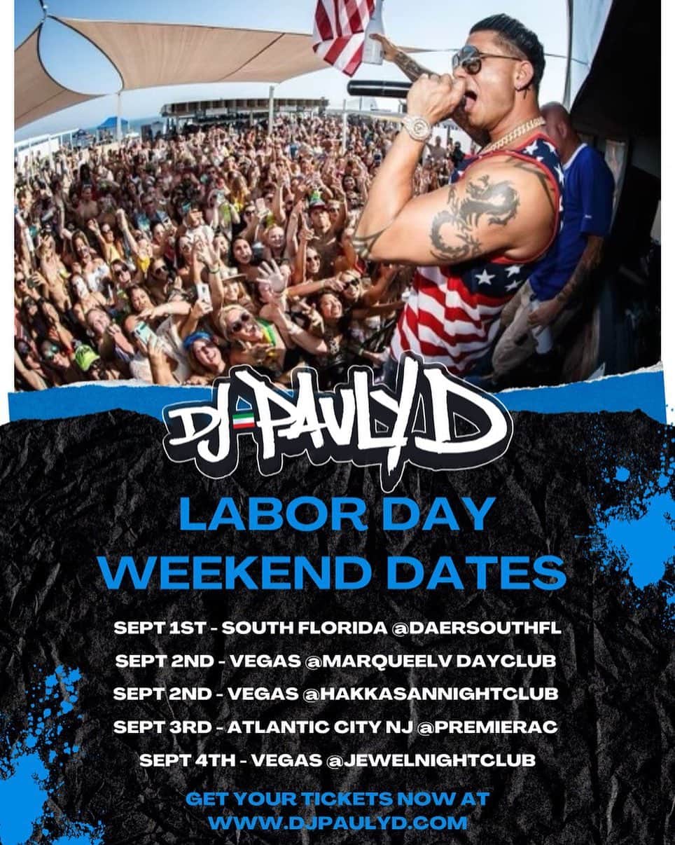 Pauly Dのインスタグラム：「Friday - @daersouthfl  Saturday - @marqueelv DayClub  Saturday - @hakkasannightclub  Sunday - @premierac  Monday - @jewelnightclub」