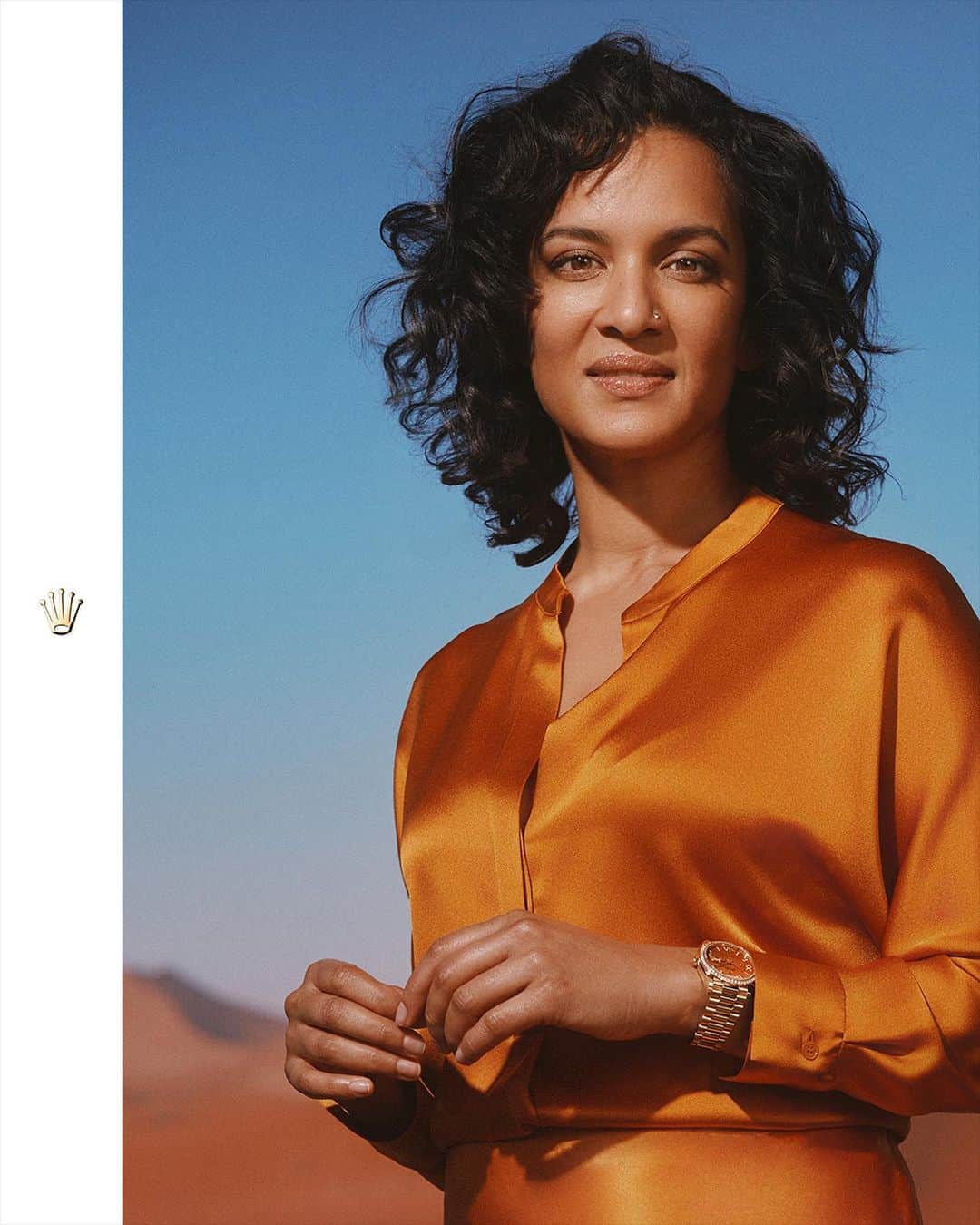 rolexのインスタグラム：「Lauded for her innovative and experimental approach to music, sitar player and composer @anoushkashankarofficial captivates audiences across the world with her inspiring performances. Here, she wears the Day-Date 36 crafted from 18ct yellow gold featuring a dial cut from carnelian, an orangey-colour stone typified by lines of varying shapes and sizes forming an artful cameo of patterns. It is completed by diamond-set hour markers and Roman VI and IX. #Rolex #DayDate #Perpetual」
