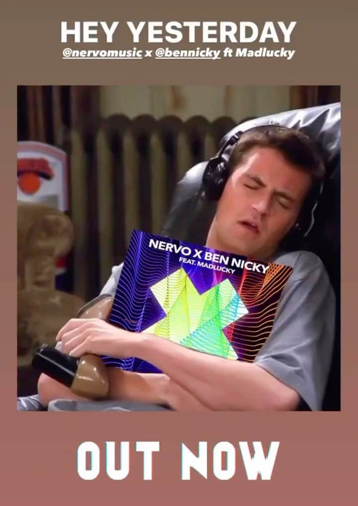 NERVOのインスタグラム：「Our new release w/ @bennicky @madluckymusic even got Chandler M. Bing in his feelsy feelz 😭🤭🎶🎶💛💛✨✨ @friends @mattyperry4   🔗 HEY YESTERDAY (OUT NOW!) - link in bio!  #friends #chandlerbing #heyyesterday #newmusic」