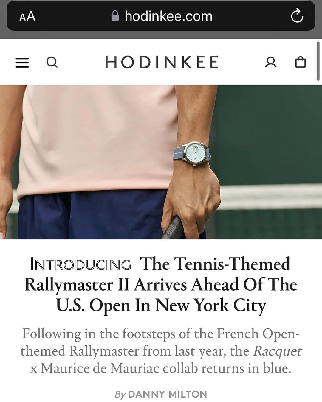 Maurice De Mauriac Zurichのインスタグラム：「Frontpage News @hodinkee  by @glassofmilt  Thanks for this to the whole Hodinkee team - its an honor to be there (again!) Read the article and learn something about #tennis and #watches 📖 (Link in the bio)   #MauriceDeMauriac x #racquet #usopen #swisswatch #preorder #officialllaunch   In collaboration with @racquetmag  Design by @carltondewoody  Mood Photos @mollycranna  Models: @andreapetkovici & @gokawachi」