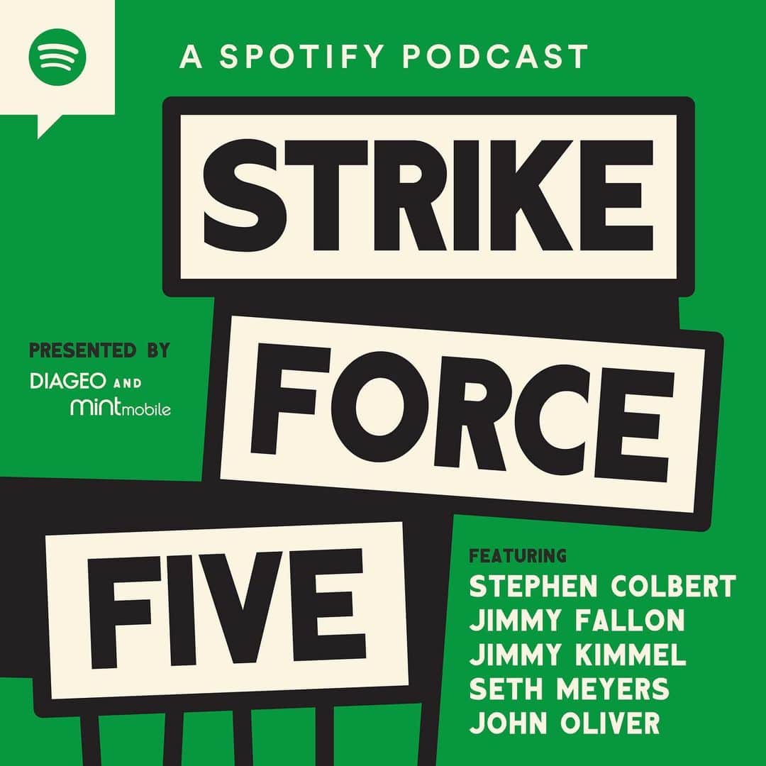 ジミー・キンメルのインスタグラム：「The first episode of @StrikeForceFive hosted by me, @StephenAtHome, @JimmyFallon, @SethMeyers & John Oliver is OUT NOW. Find it on @Spotify or wherever you get podcasts… LINK IN BIO」