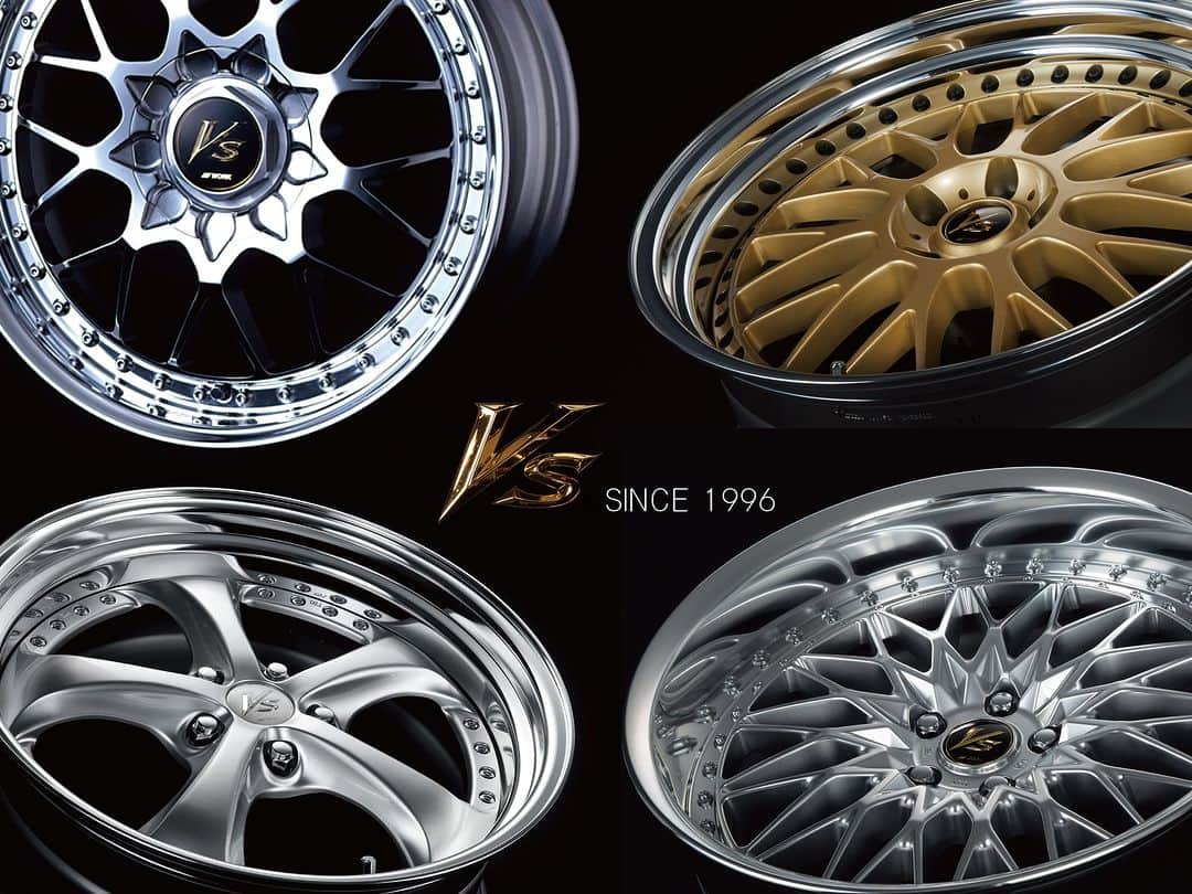 WORKのインスタグラム：「Introducing the “VS” series, the hotest wheel brand in this hot summer! Many popular wheels were produced under the VS brand name! The first generation was VS X9, born in 1996. It was a mesh design, 3 piece construction, with a 9-point center cover type. In 1997, the famous VS XX made its sensational debut, releasing a number of new products. In 2001, the VS KF was born, and the glamorous 5 spoke swept the market. Later on in 2021 the very anticipated VS Xv was released, targeting also light and compact cars. Thanks to all the WORK fans who made it possible to create a series of 23 items so far! Please stay tuned for more VS goodness in the future!  #work #workwheelsjapan  #ワークホイールズジャパン」
