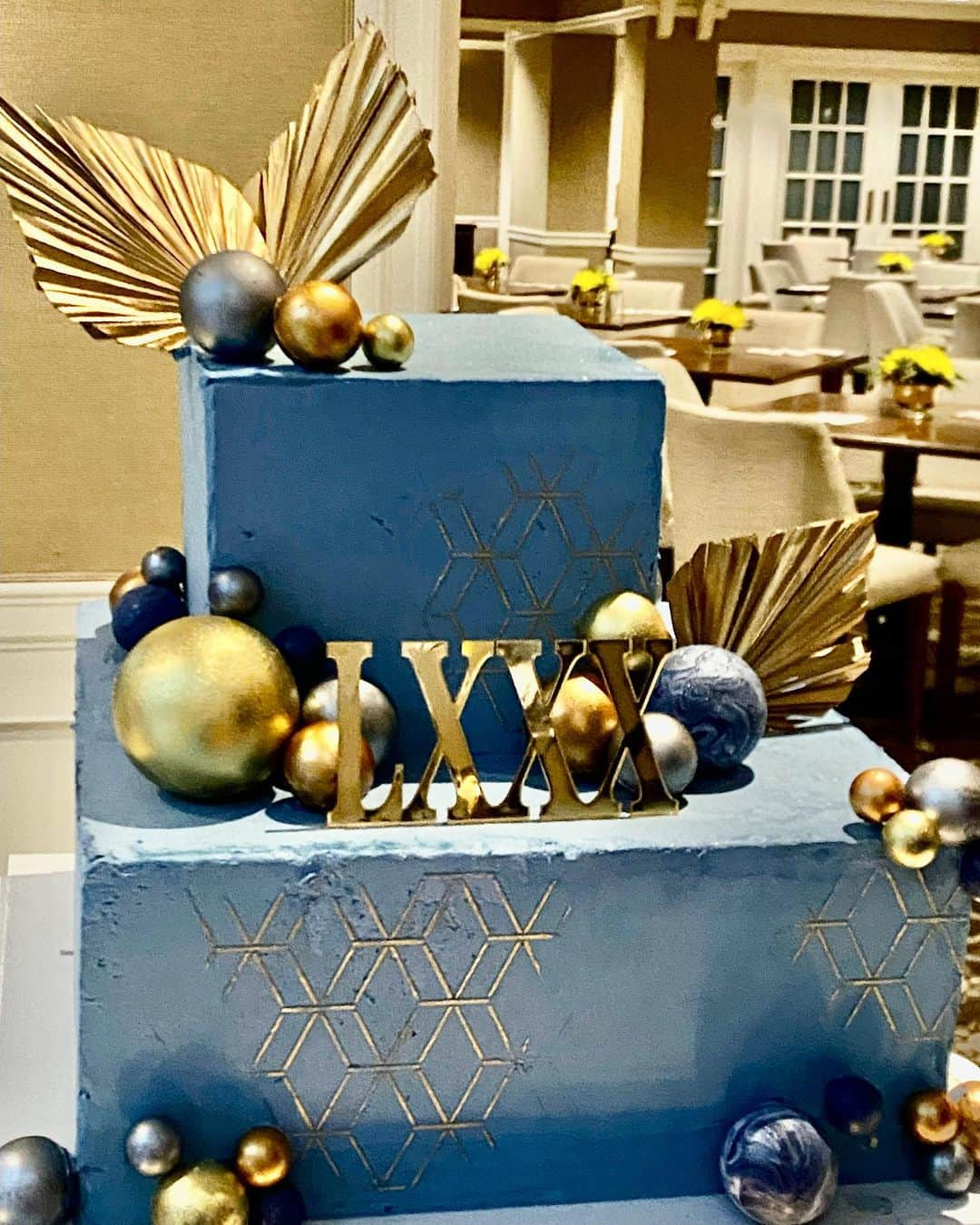 スーザン・ルッチのインスタグラム：「AND—the  very special Birthday Cake—for our fabulous friend!!!  Designed and made by  @cand1grams —check her out on Instagram to see her amazing, creative and delicious cakes!!! 🎂🎂🎂💙💙💙🥳🥳🥳」