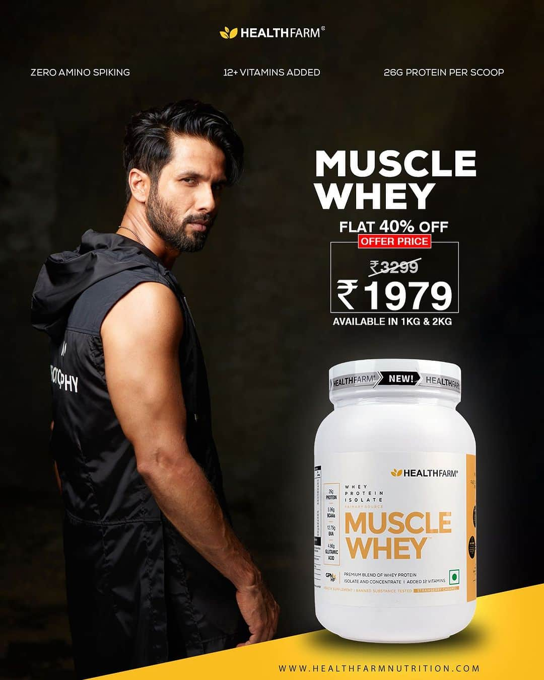 シャーヒド・カプールのインスタグラム：「Empower Your Fitness Journey with HealthFarm Muscle Whey Protein – The Ultimate Catalyst for Muscle Building, Endurance, and Strength! 💪  Product Specifications: 26g of protein per serving 12+ essential vitamins and minerals O amino spiking substance」