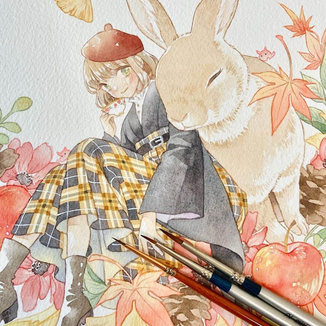 友風子/yufushiのインスタグラム：「去年の今頃描いてた秋とうさぎ  #illustration #illust #イラスト #watercolor #水彩 #透明水彩 #水彩絵の具 #アナログ #アナログイラスト」