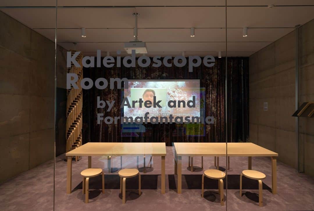 Artekのインスタグラム：「Artek and design studio Formafantasma, together with Maharam, are happy to welcome visitors to the Kaleidoscope Room at SONGEUN Art & Cultural Foundation in Seoul, South Korea, to celebrate the 90th anniversary of Stool 60 with an installation dedicated to the Finnish forest. Open to the public until 24th February 2024. Read more via link in bio. ⁠ ⁠ @songeun_official⁠ @formafantasma⁠ @maharamstudio」