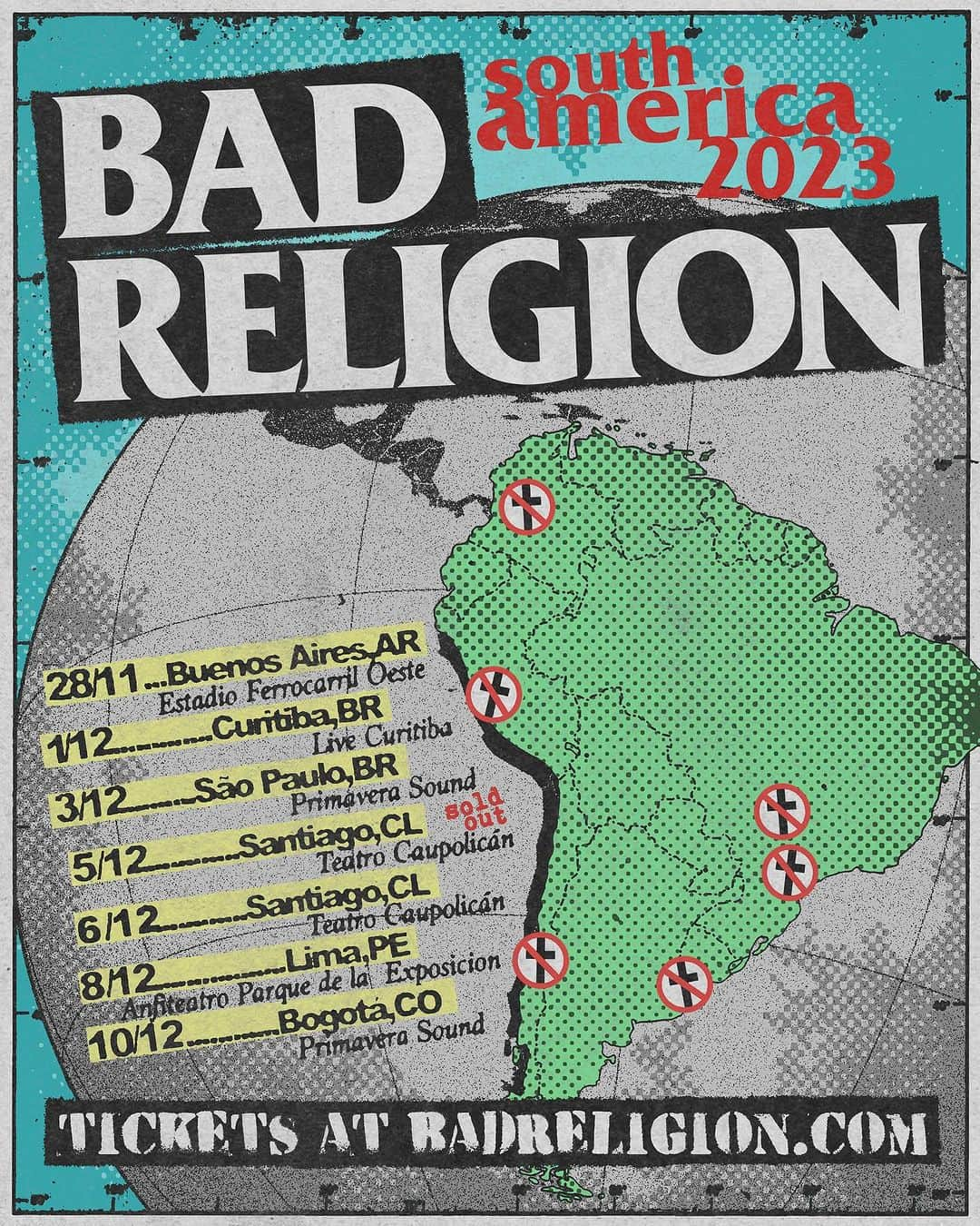 Bad Religionのインスタグラム：「Come to Peru! 🇵🇪 Come to Chile! 🇨🇱 Come to Argentina! 🇦🇷 Come to Brasil! 🇧🇷 Come to Colombia! 🇨🇴  OK! We are!  🔥🔥🔥 All tickets are now on sale at badreligion.com ✏️ Flyer design @joshjurk」